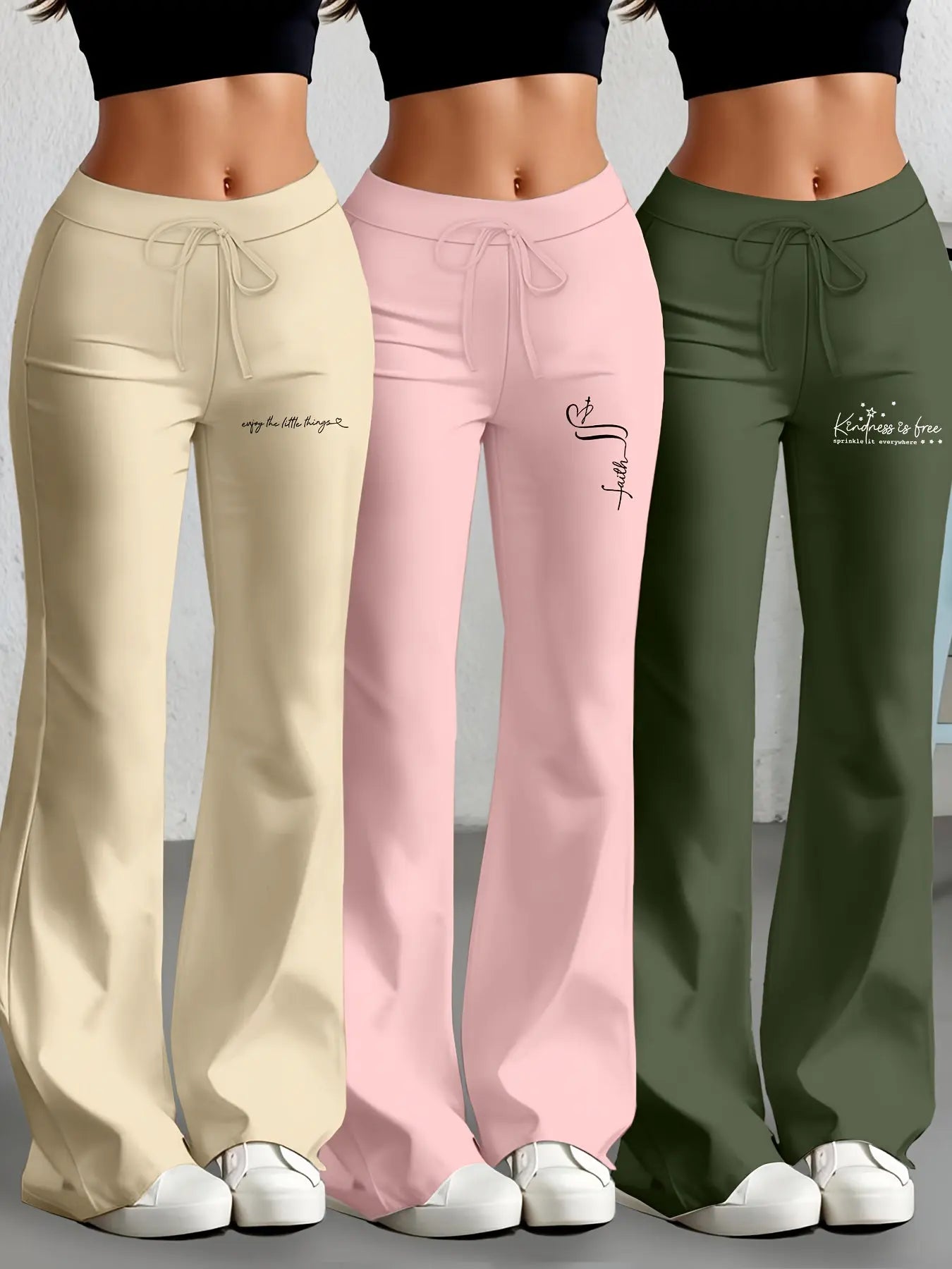 European and American Women's Straight-Leg Flare Pants Classic Personality English Text Print Long Pants 3pcs Set NNOS
