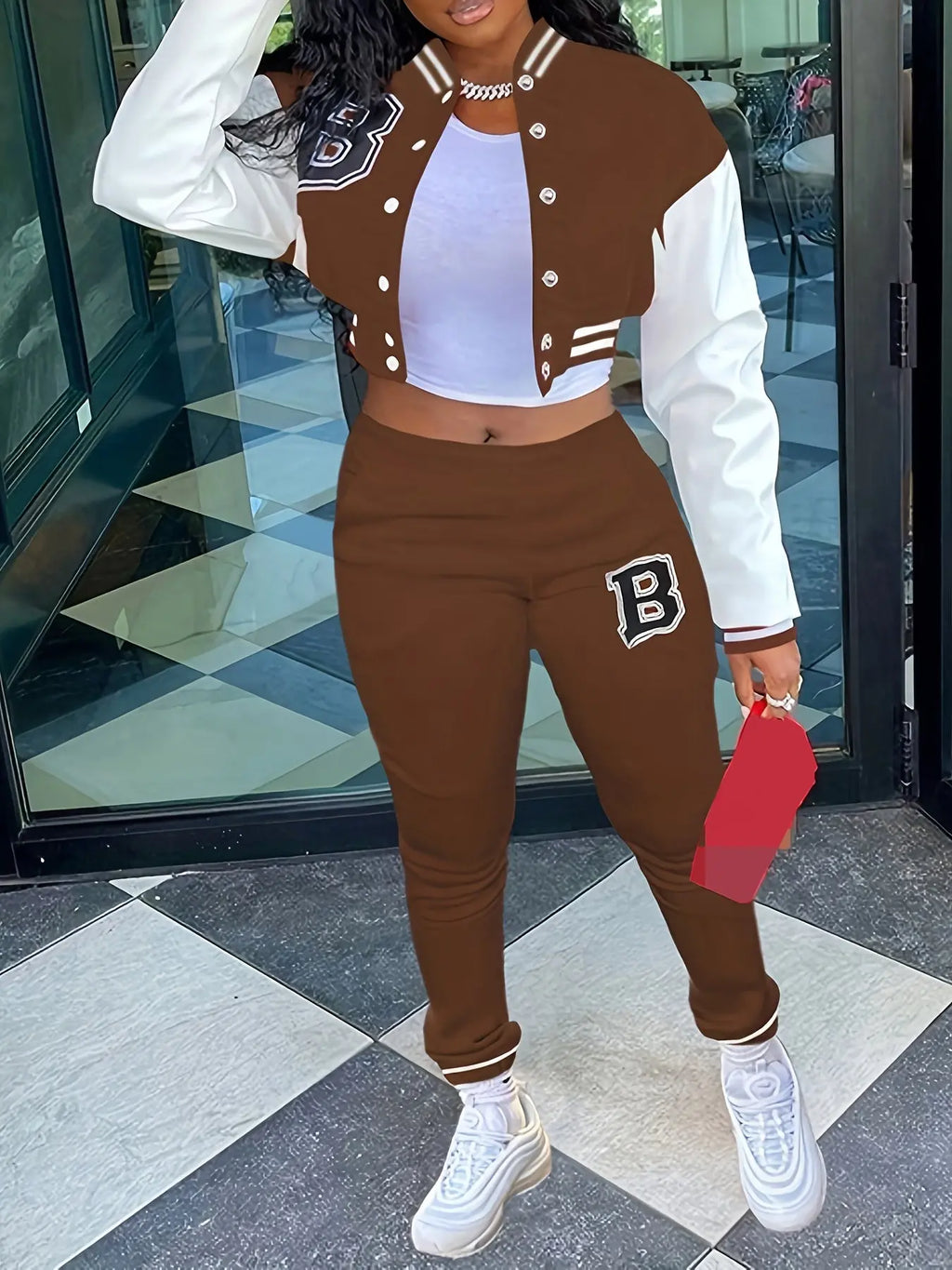 Chic, Women's Casual Letter Print Baseball Jacket and Pants Set - Red and White, Polyester Blend, Machine Washable, Fall/Winter Fashion Ensemble NNOS