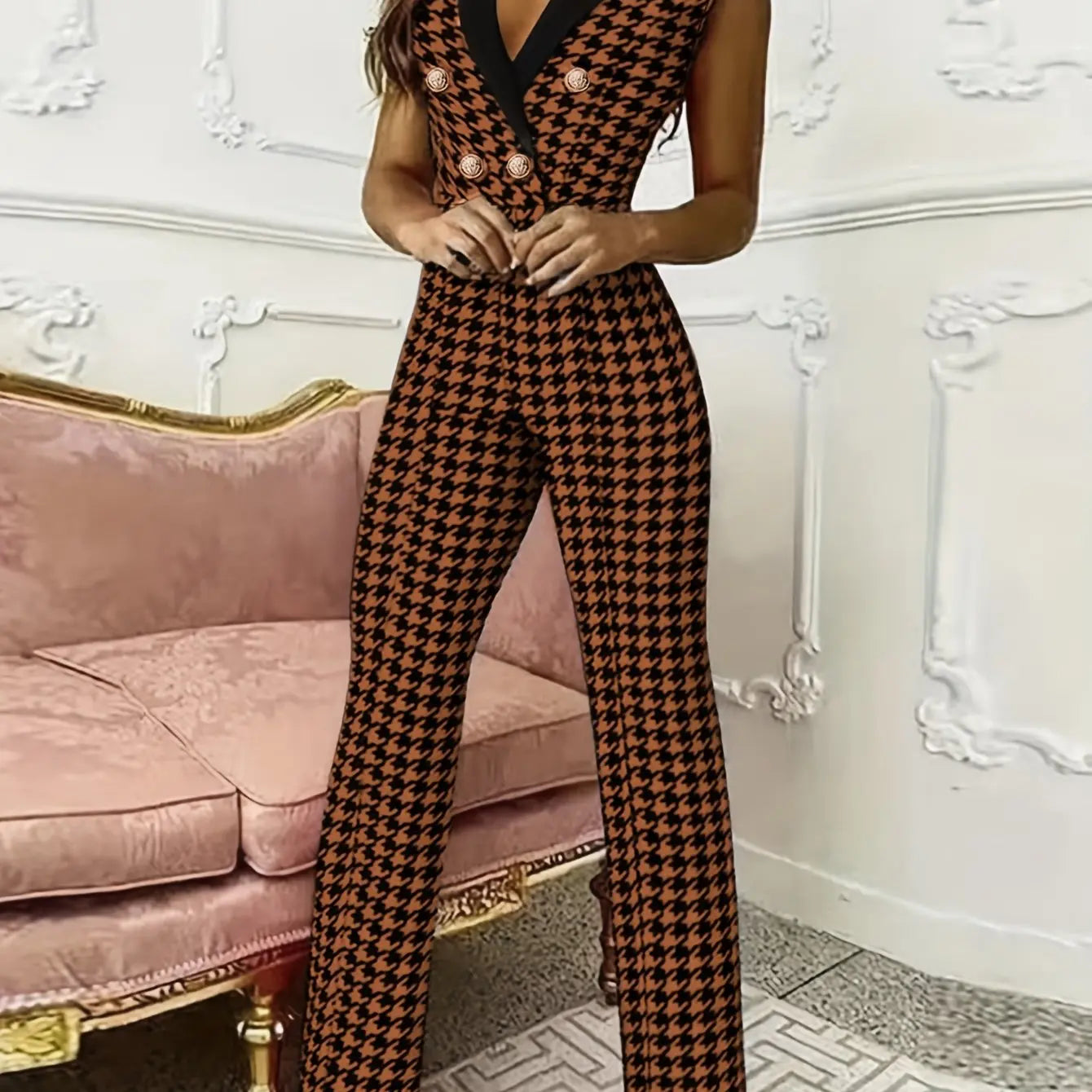 Women'S Professional Houndstooth Jumpsuit - Sleeveless V-Neck with Button Front, Wide-Leg Pants, Brown/Black/White/Gray/Beige, Office to Party Outfit for Spring/Summer, Elegant Formal & Casual Attire, Summer Fashion, Sophisti NNOS