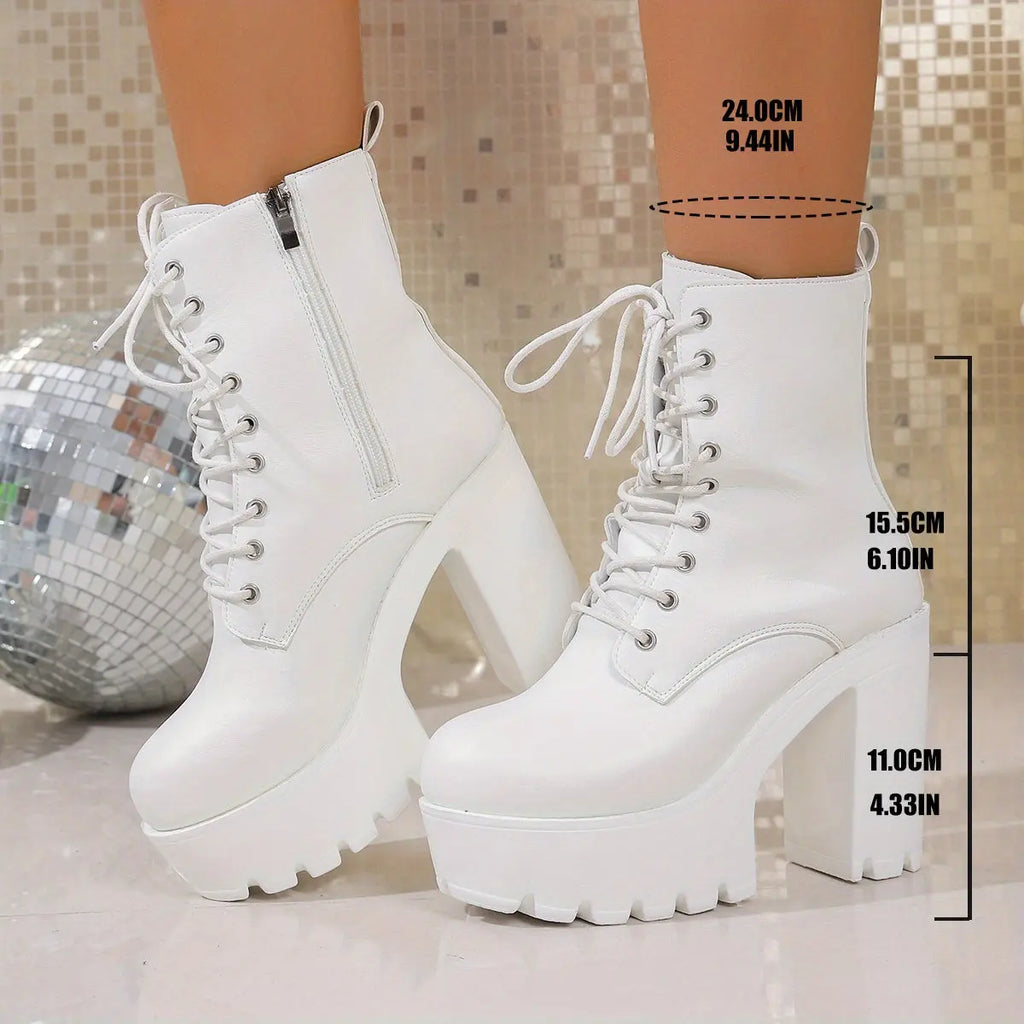 Women’s Chunky Platform Boots – Lace-Up Zip White Boots with Non-Slip Sole NNOS