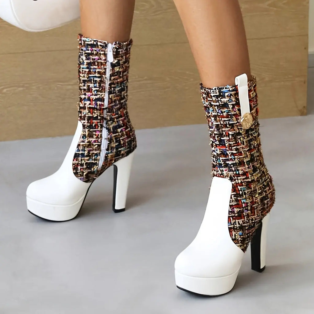 Boots Women's New Spring and Autumn Fashion Stitching Round Head Thick Heel High Heels Mid-Calf Riding Boots Long Boots Women NNOS