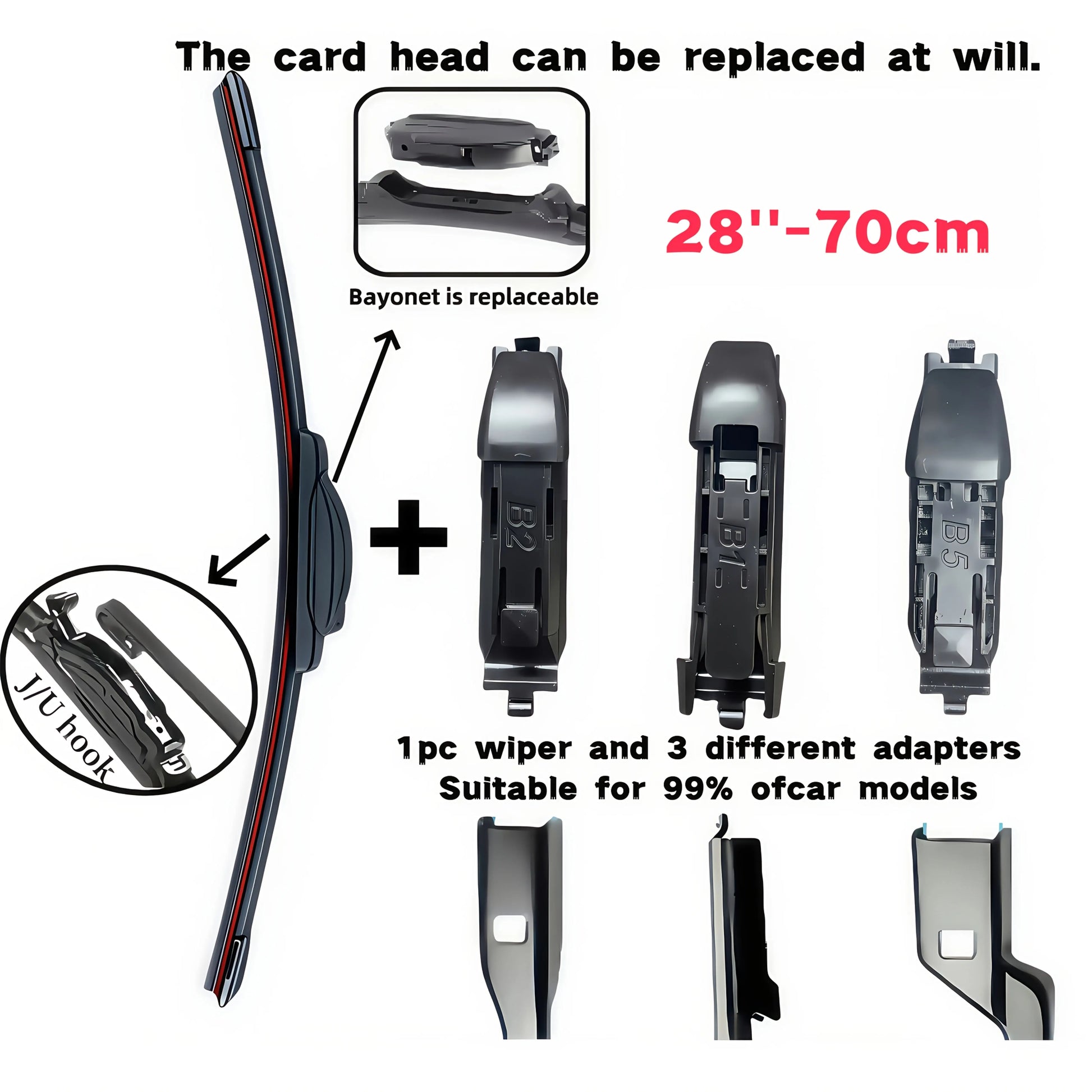 Brand New Upgraded All-Season Car Windshield Wipers with U/J Type Hook Blades + 3pcs Adapter Replacement Heads/6 Rubber Strips for Car Wipers, Featuring a High-Quality Rubber Stable Base Design for Quiet, Durable, And Clear A NNOS