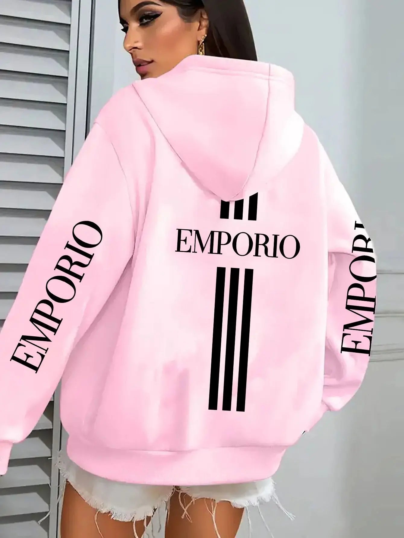 Women’s Pink "EMPORIO" Hoodie – Vibrant Zip-Up Sweatshirt with Three-Stripes NNOS