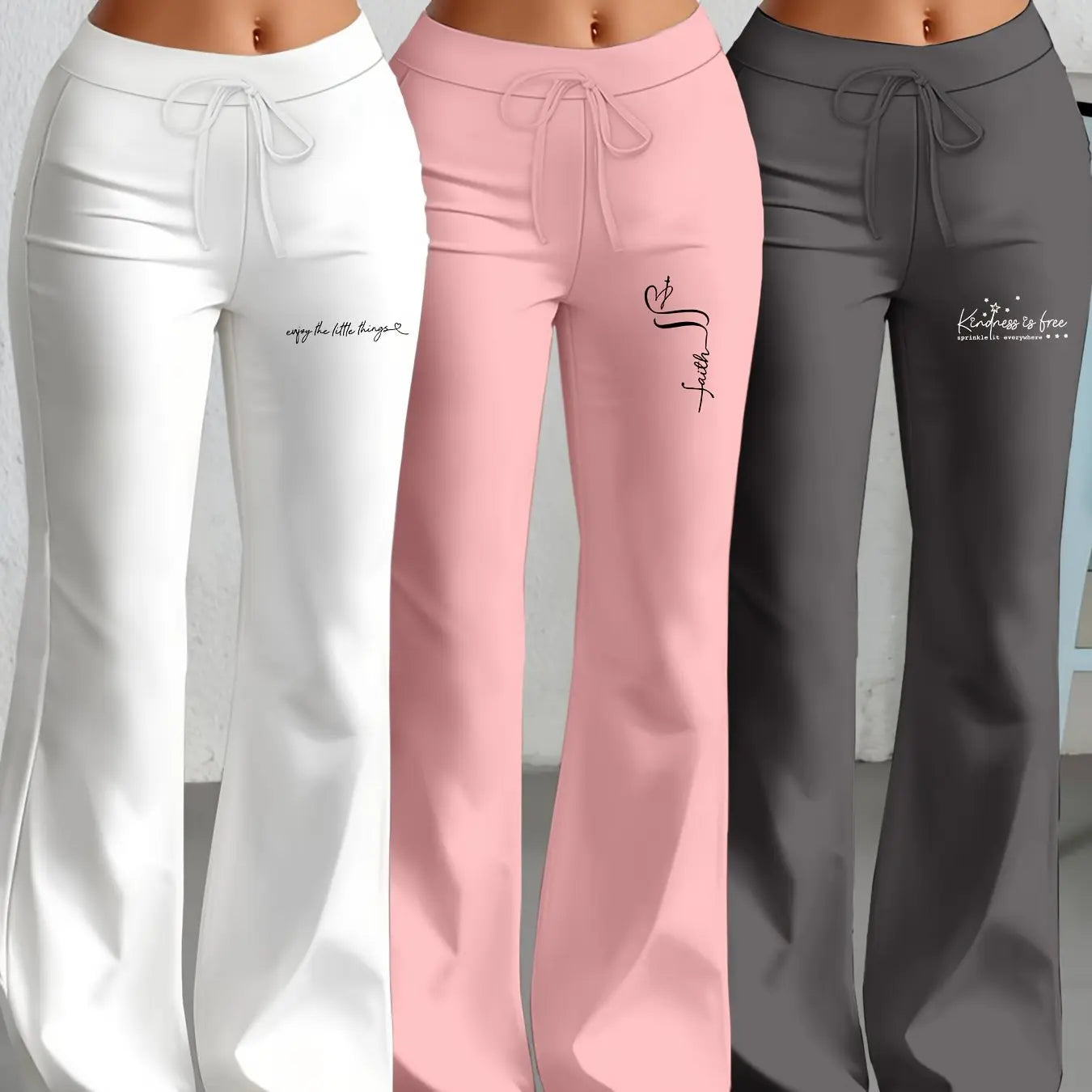 European and American Women's Straight-Leg Flare Pants Classic Personality English Text Print Long Pants 3pcs Set NNOS