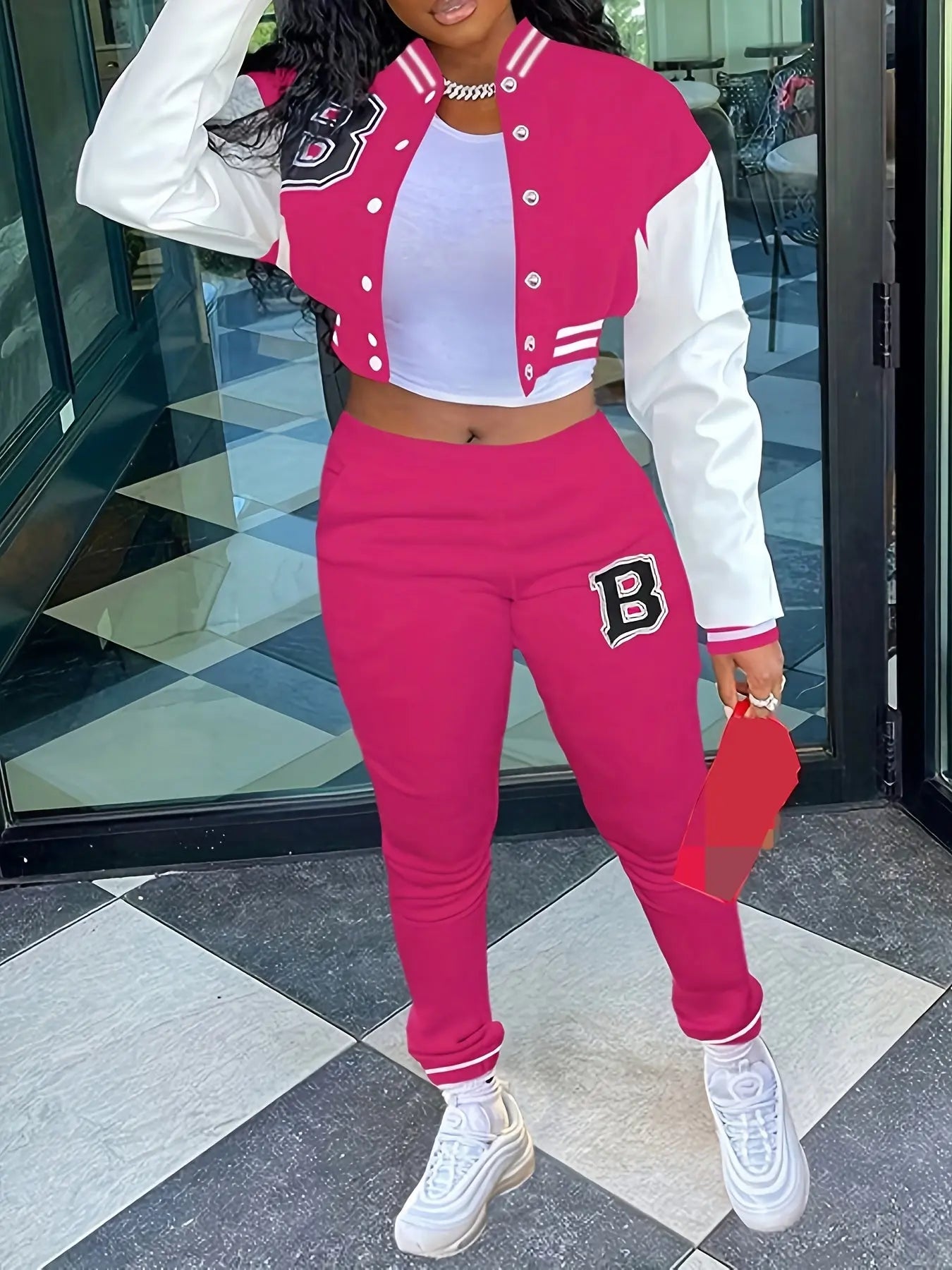 Chic, Women's Casual Letter Print Baseball Jacket and Pants Set - Red and White, Polyester Blend, Machine Washable, Fall/Winter Fashion Ensemble NNOS
