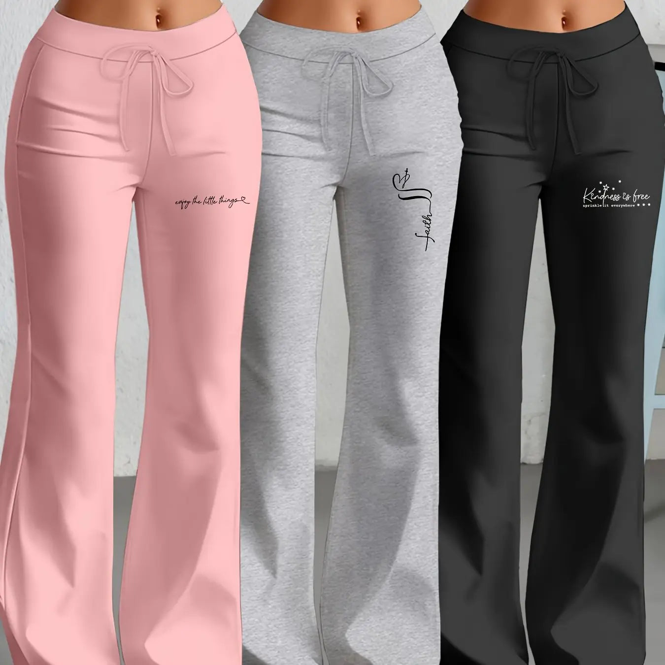 European and American Women's Straight-Leg Flare Pants Classic Personality English Text Print Long Pants 3pcs Set NNOS