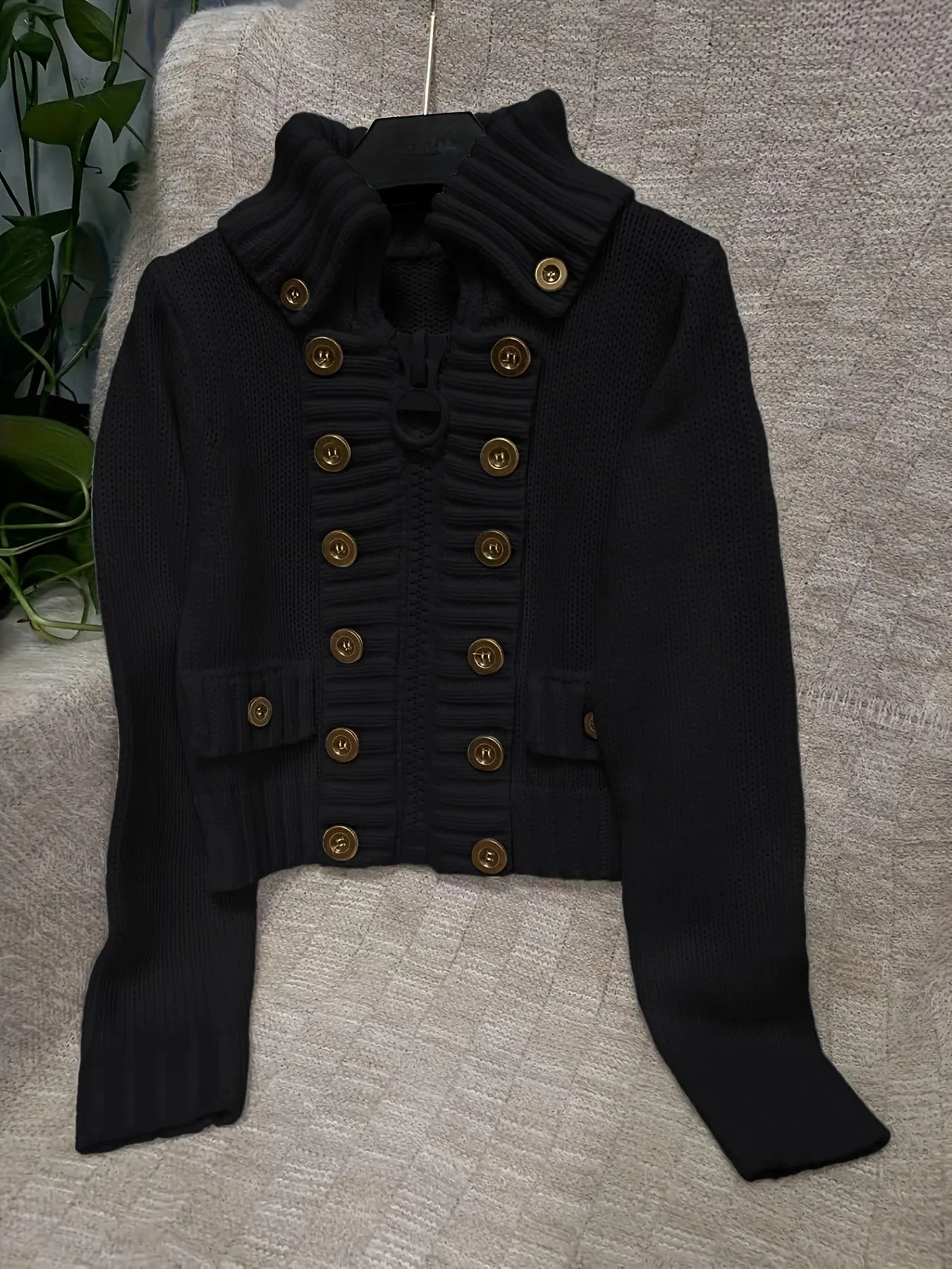 Multi-button decorated large zipper stand-up collar slim-fit cardigan NNOS