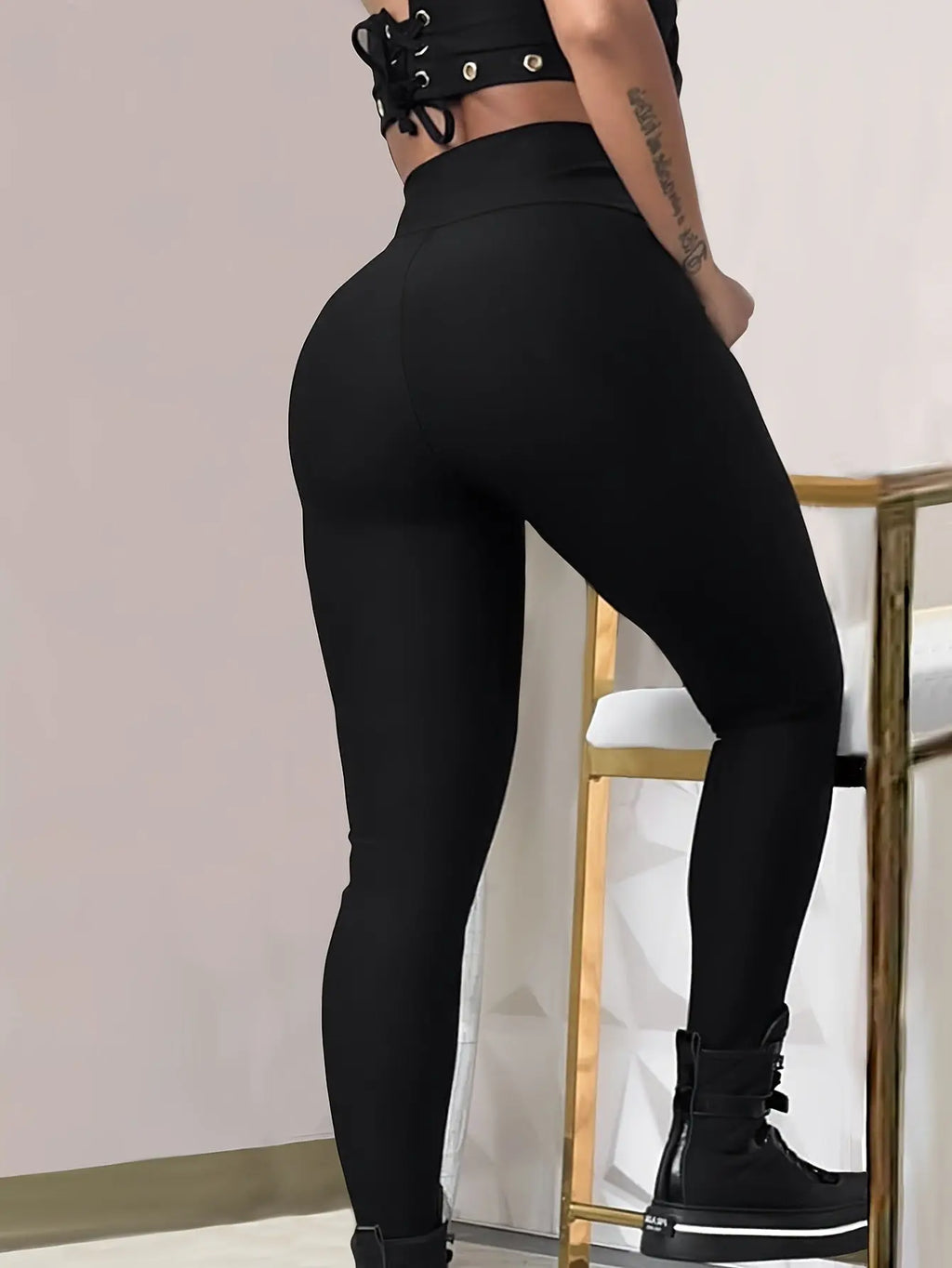 Women’s High-Waist Black Skinny Leggings – Stretchy Fit with Button Detail NNOS