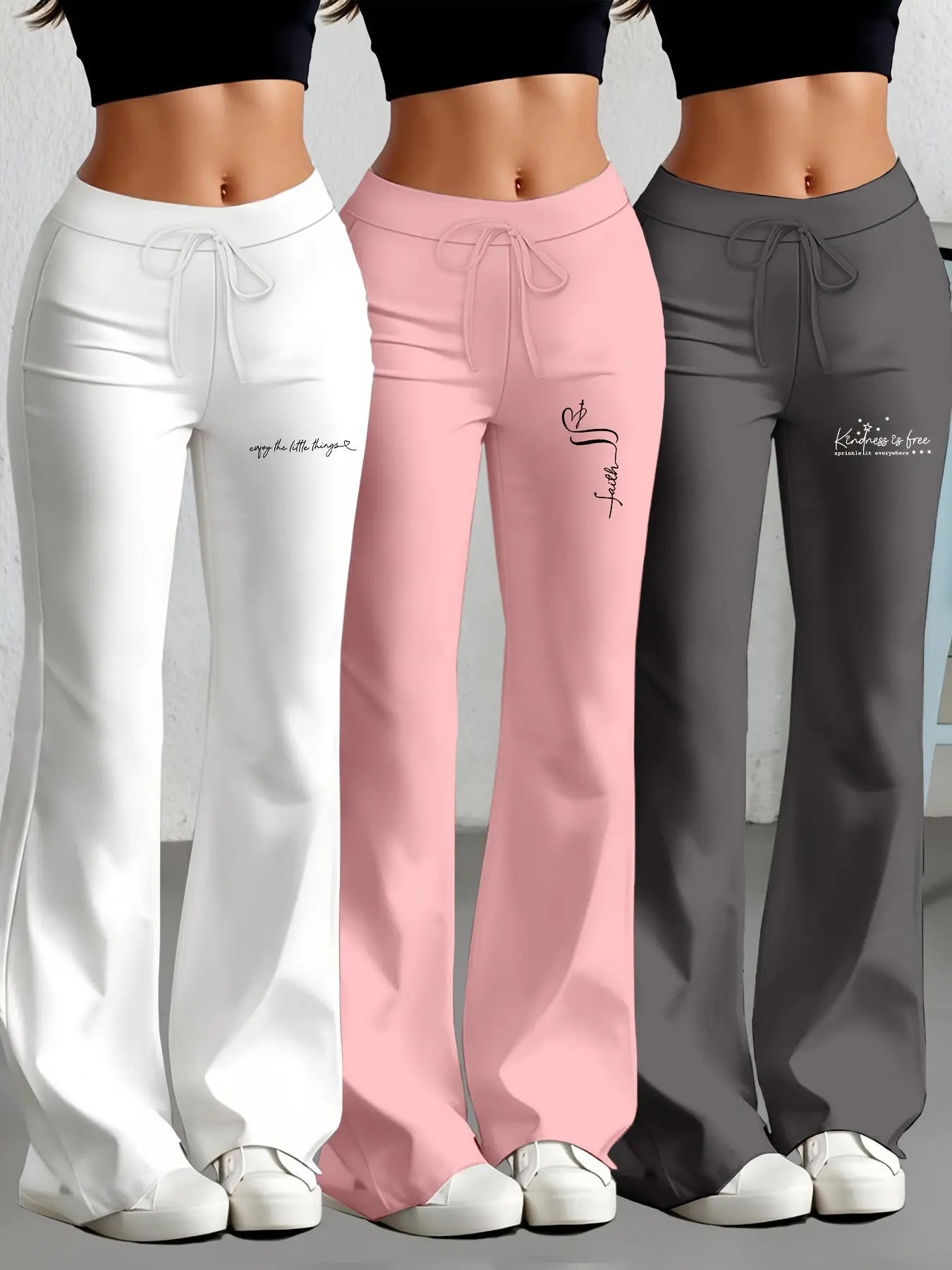European and American Women's Straight-Leg Flare Pants Classic Personality English Text Print Long Pants 3pcs Set NNOS