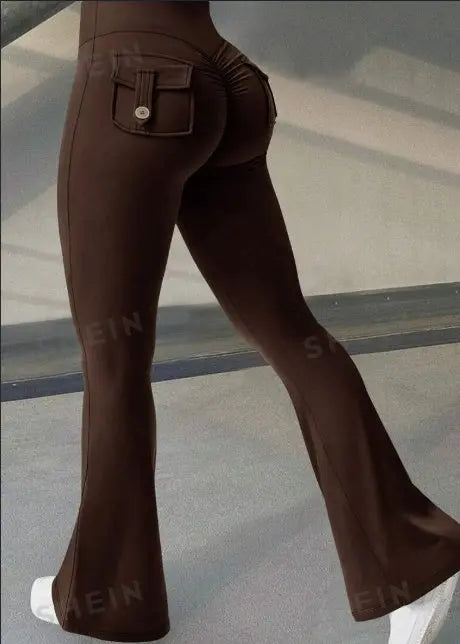 Yoga Fitness Flared Pants With Pockets Ins Fashion Slim High Waist Sports Trousers  Scrunch Butt Booty Workout Lifting Leggings NNOS
