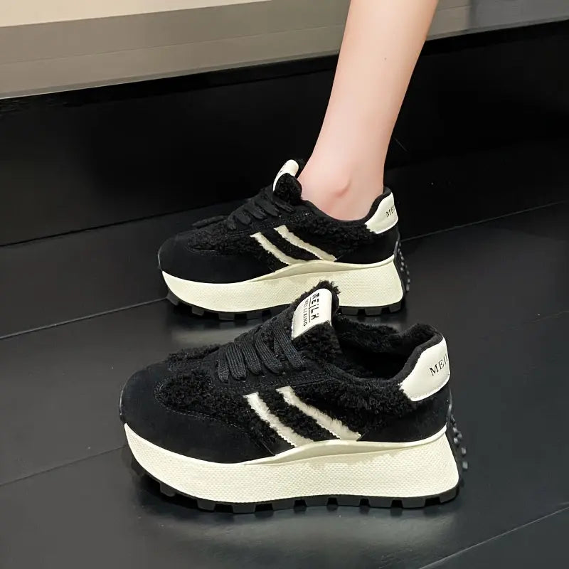 Women’s Winter Lace-Up Sneakers – Cozy Plush Lined Casual Shoes with Cushion NNOS