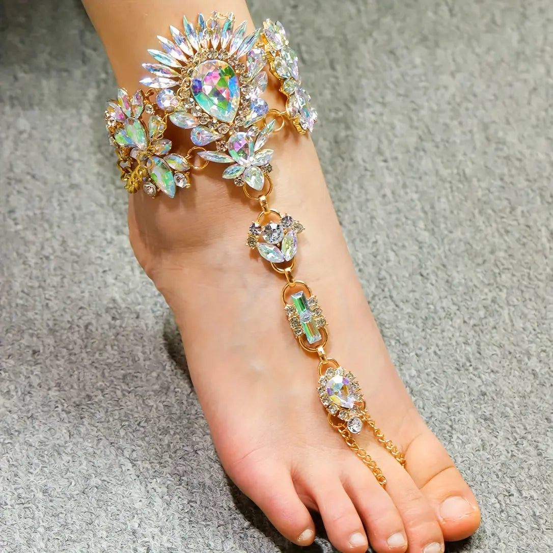 Boho Chic Colorful Crystal Toe Ring Anklet – Trendy Beach & Seaside Jewelry NNOS