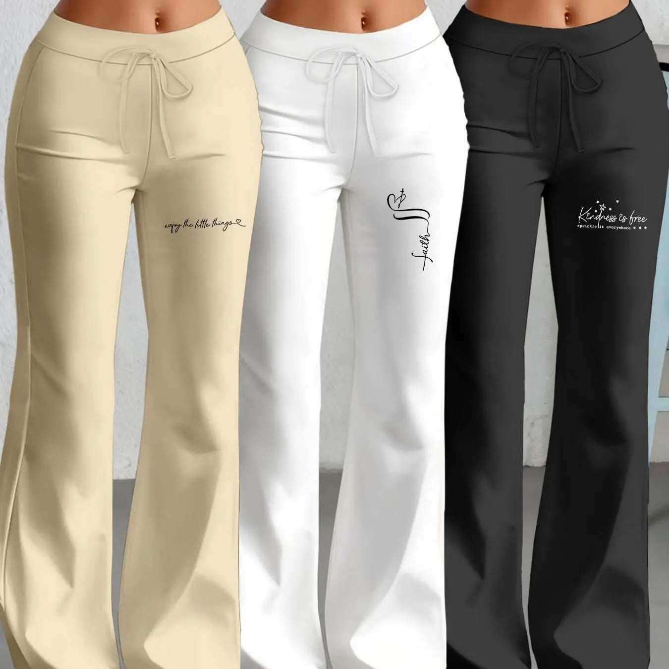 European and American Women's Straight-Leg Flare Pants Classic Personality English Text Print Long Pants 3pcs Set NNOS