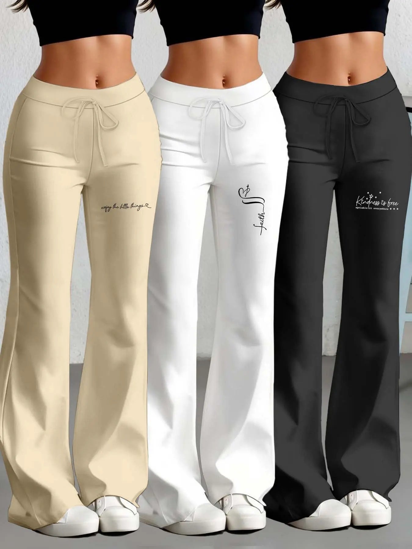 European and American Women's Straight-Leg Flare Pants Classic Personality English Text Print Long Pants 3pcs Set NNOS