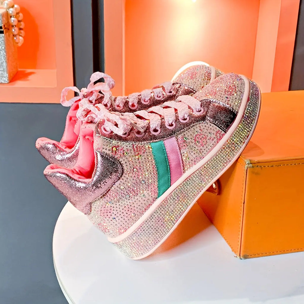 Women’s High-Top Rhinestone Sneakers – Sparkling Platform Lace-Up Casual Shoes NNOS