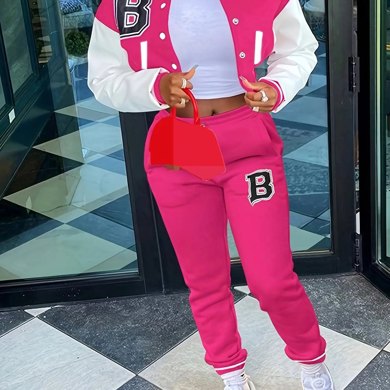 Chic, Women's Casual Letter Print Baseball Jacket and Pants Set - Red and White, Polyester Blend, Machine Washable, Fall/Winter Fashion Ensemble NNOS