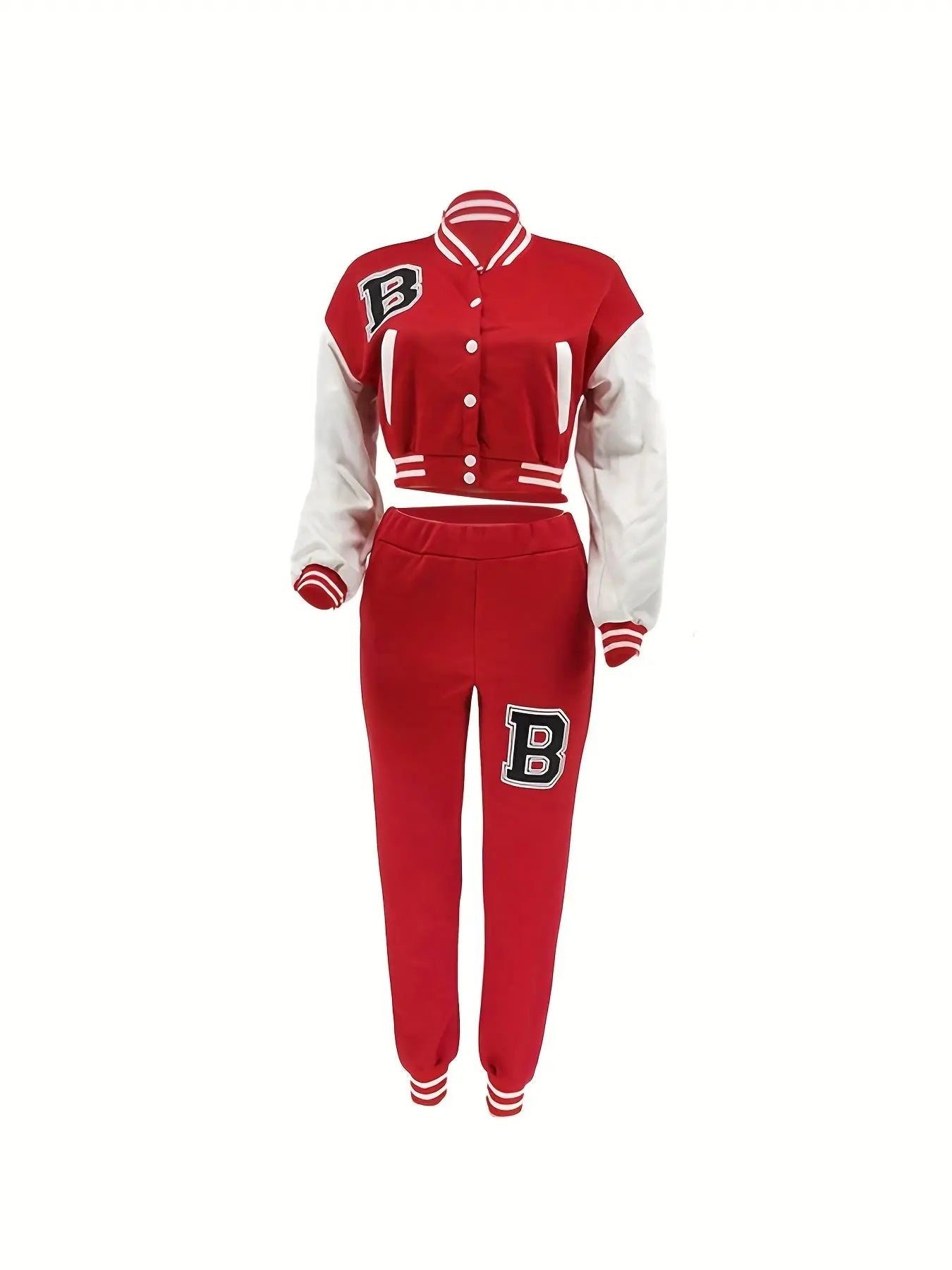 Chic, Women's Casual Letter Print Baseball Jacket and Pants Set - Red and White, Polyester Blend, Machine Washable, Fall/Winter Fashion Ensemble NNOS