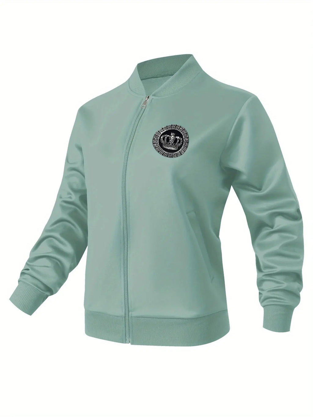 Women’s Crown Print Baseball Jacket – Lightweight Zip-Up Casual Streetwear NNOS