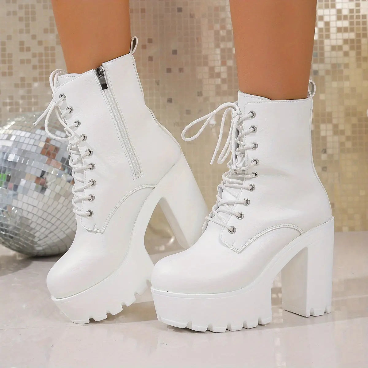 Women’s Chunky Platform Boots – Lace-Up Zip White Boots with Non-Slip Sole NNOS