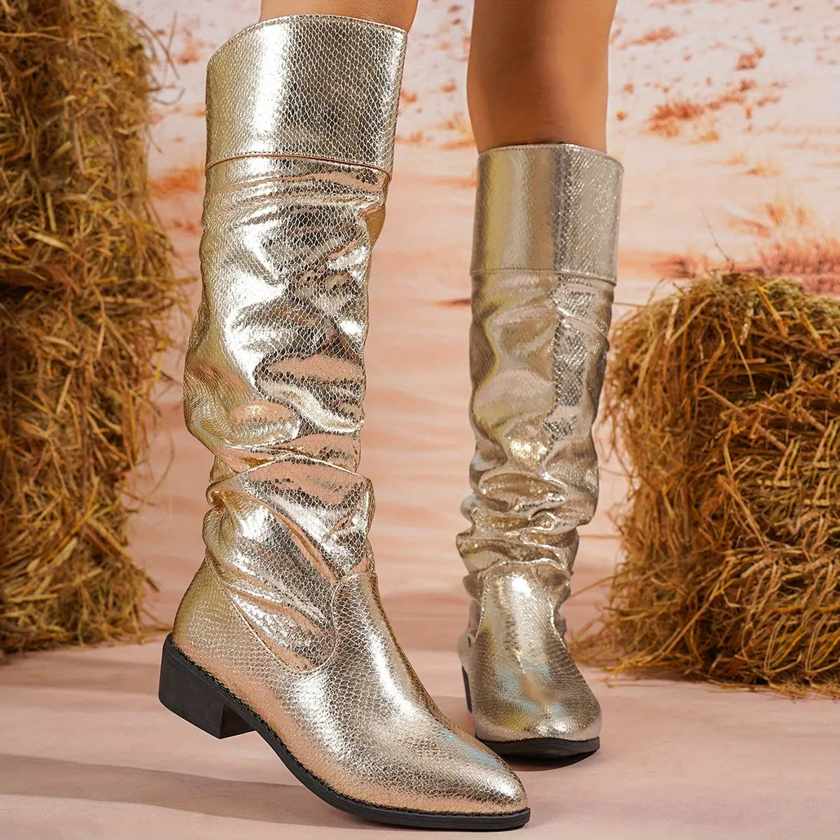 Women’s Slip-On Western Boots – Golden Shine, Block Heel & Comfy Cushioned Fit NNOS