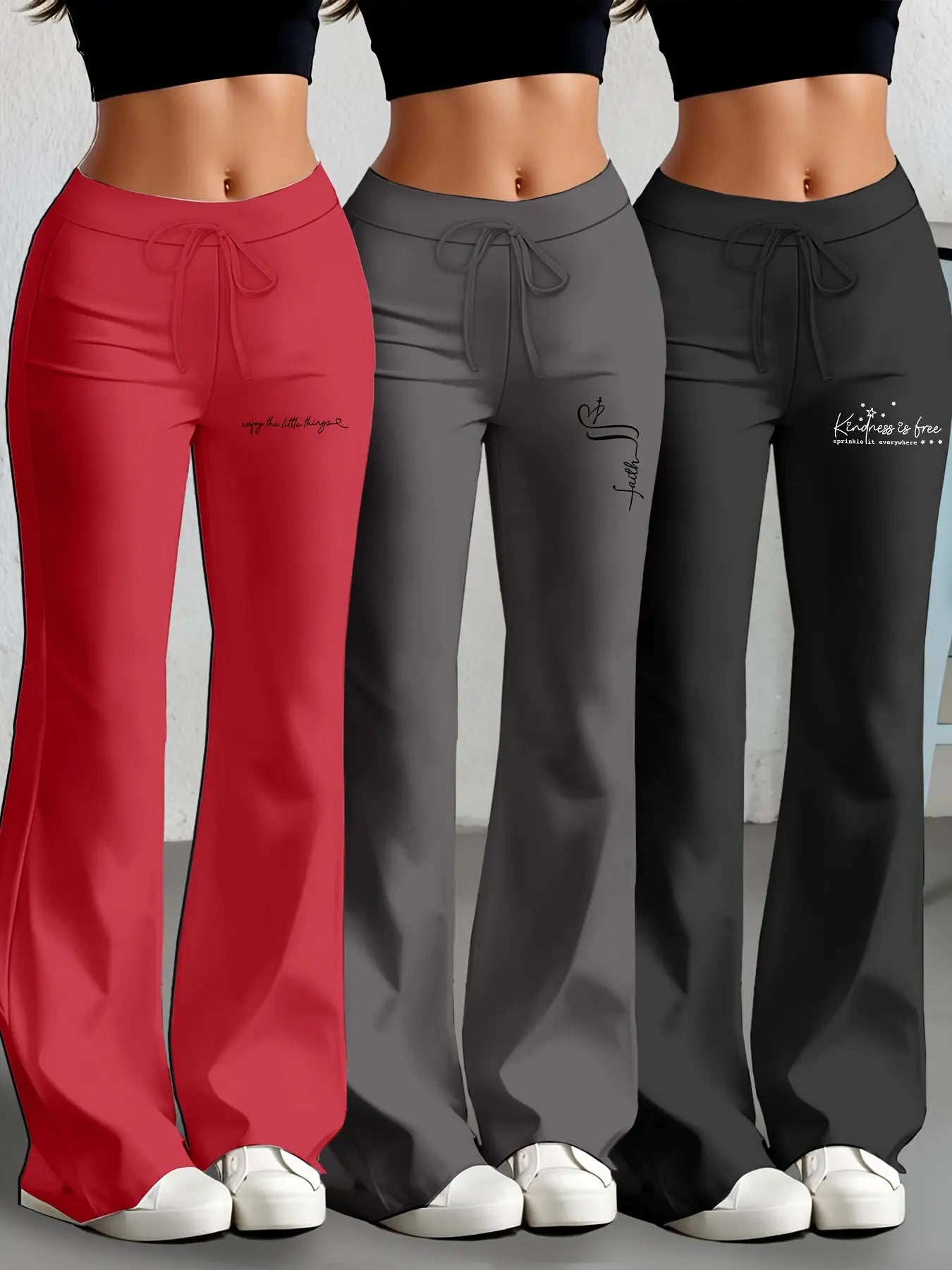 European and American Women's Straight-Leg Flare Pants Classic Personality English Text Print Long Pants 3pcs Set NNOS