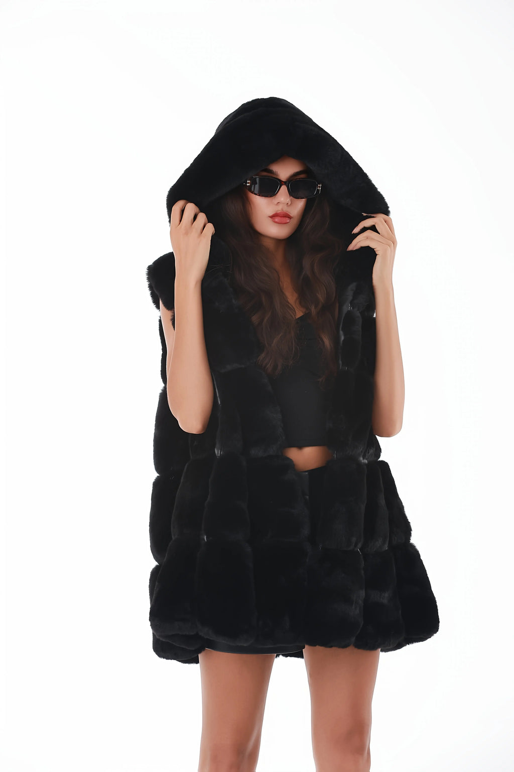 Women'S Faux Fur Hooded Jacket - Sleeveless Winter Coat with Pockets, Black, Casual Style, Warm Winter Outerwear, Winter Jacket NNOS
