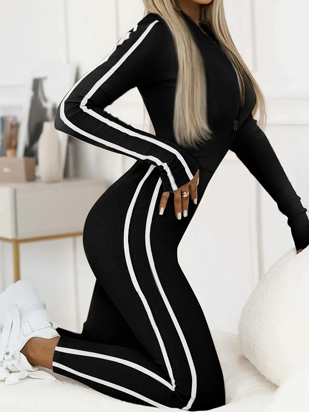 Women’s Sexy Striped Jumpsuit – Slim Fit Half-Zip Long Sleeve Black & White NNOS