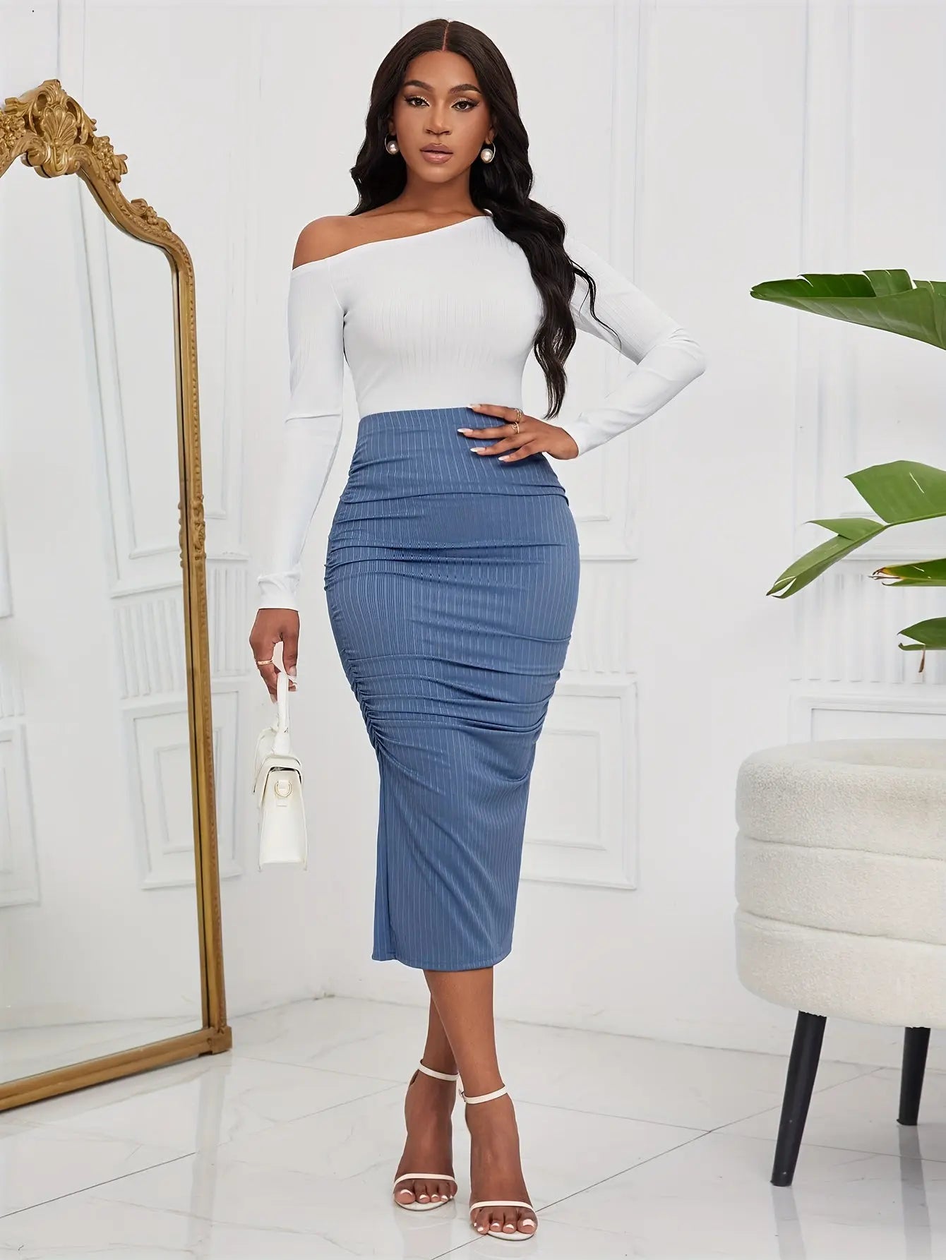 Elegant Women’s Two-Piece Skirt Set – One-Shoulder Top & Bodycon Skirt Outfit NNOS