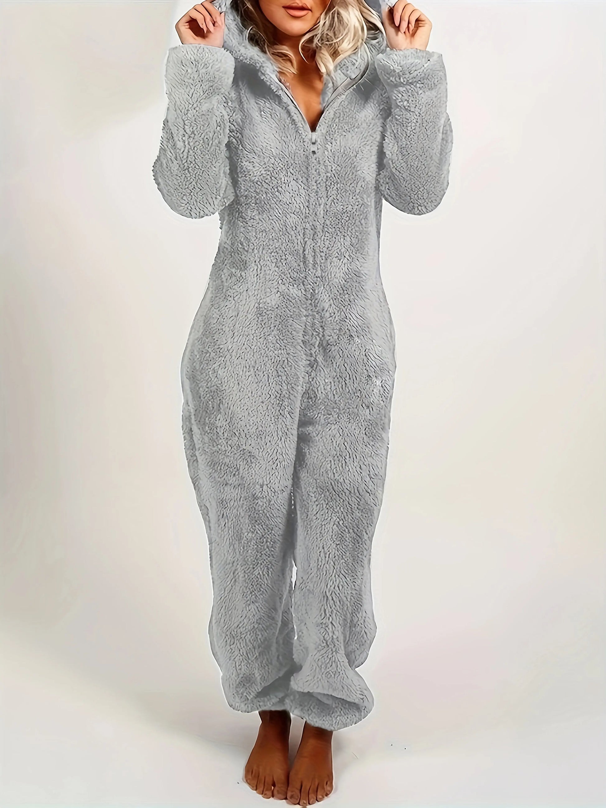 Solid Fuzzy Zip Up Hooded Jumpsuit, Casual Long Sleeve Warm Jumpsuit for Fall & Winter, Women's Clothing NNOS