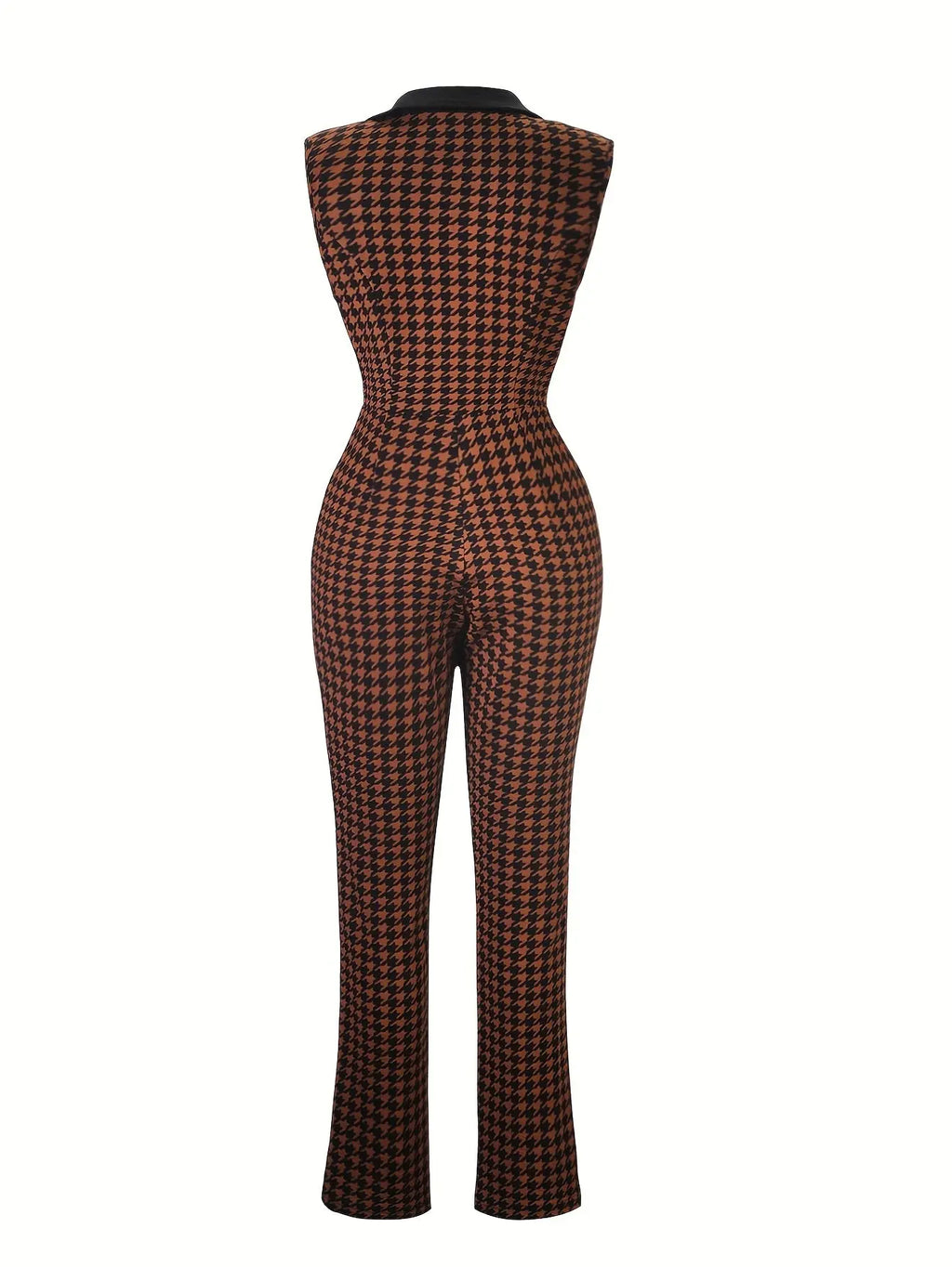 Women'S Professional Houndstooth Jumpsuit - Sleeveless V-Neck with Button Front, Wide-Leg Pants, Brown/Black/White/Gray/Beige, Office to Party Outfit for Spring/Summer, Elegant Formal & Casual Attire, Summer Fashion, Sophisti NNOS