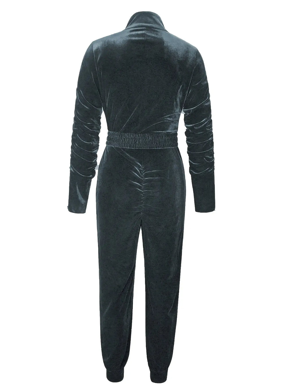 Women’s Stylish Zipper Jumpsuit – Long Sleeve Gray One-Piece with Elastic Waist NNOS