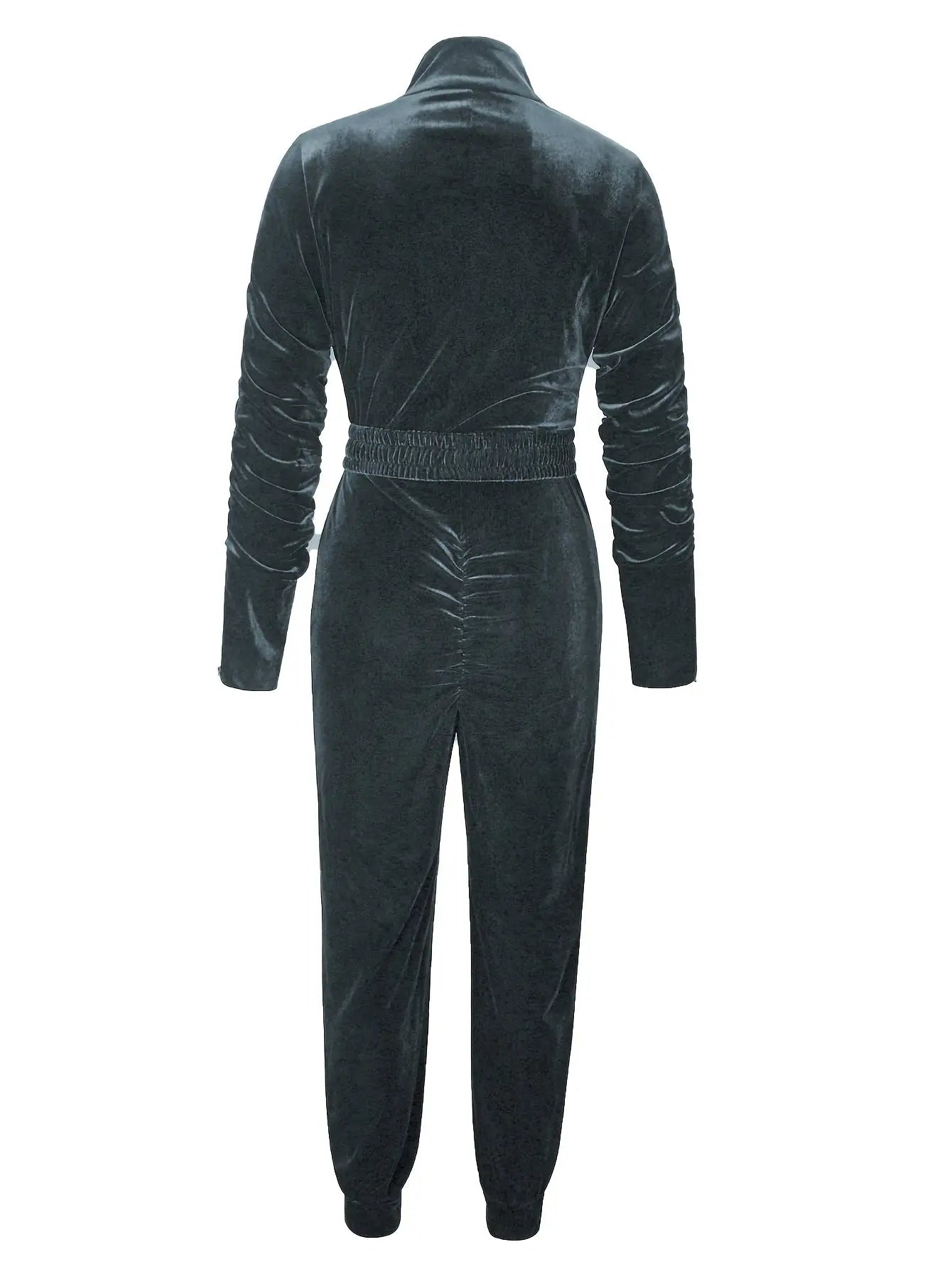 Women’s Stylish Zipper Jumpsuit – Long Sleeve Gray One-Piece with Elastic Waist NNOS