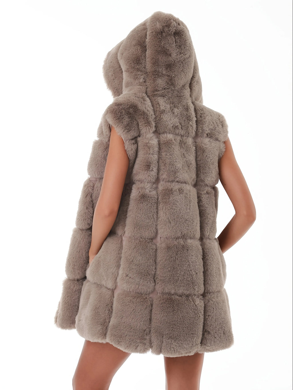 Women'S Faux Fur Hooded Jacket - Sleeveless Winter Coat with Pockets, Black, Casual Style, Warm Winter Outerwear, Winter Jacket NNOS