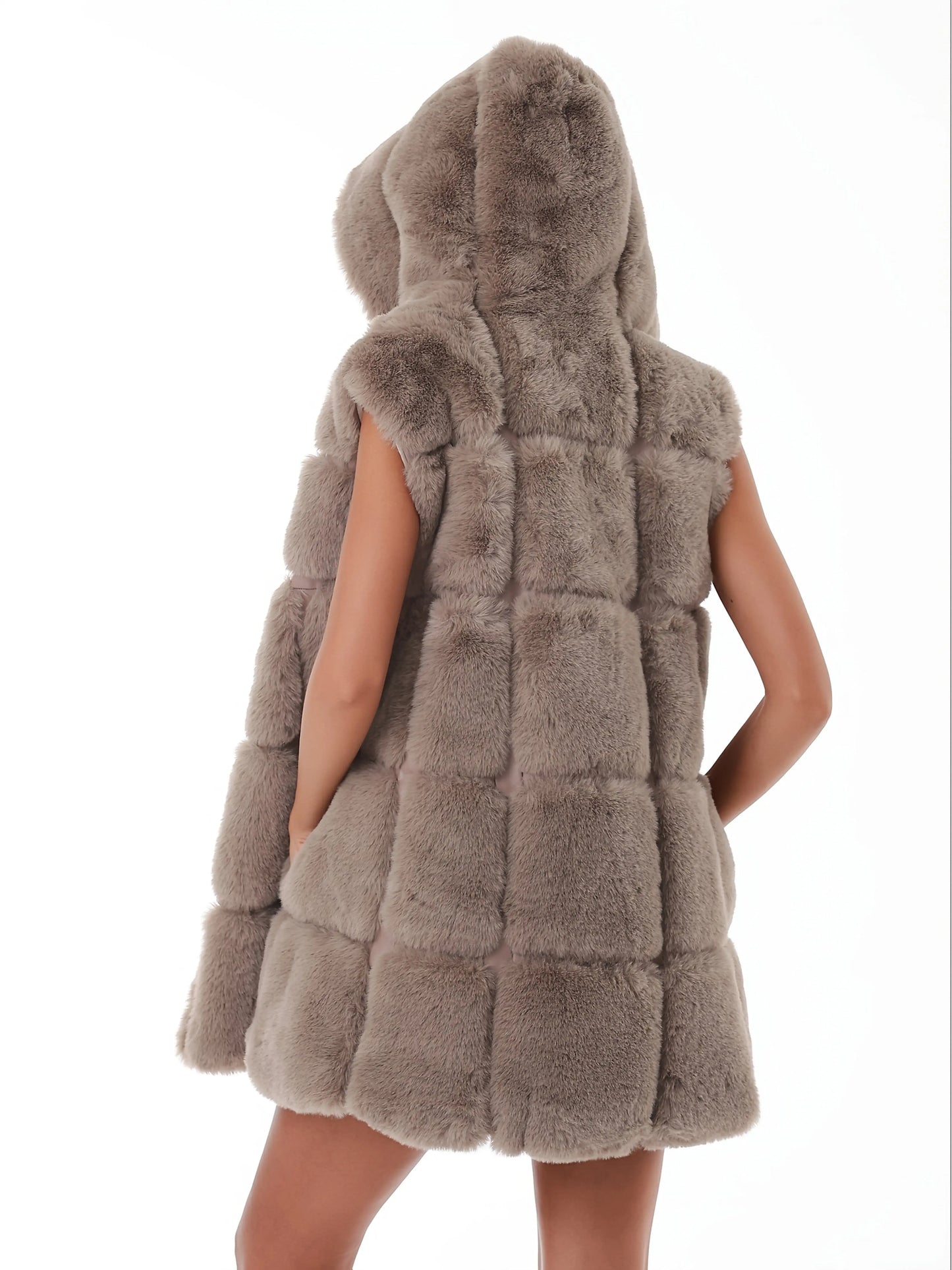 Women'S Faux Fur Hooded Jacket - Sleeveless Winter Coat with Pockets, Black, Casual Style, Warm Winter Outerwear, Winter Jacket NNOS