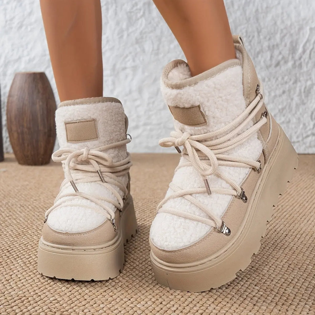 Women’s Cozy Fleece-Lined Winter Boots – Warm Lace-Up Snow Shoes with Buckles NNOS