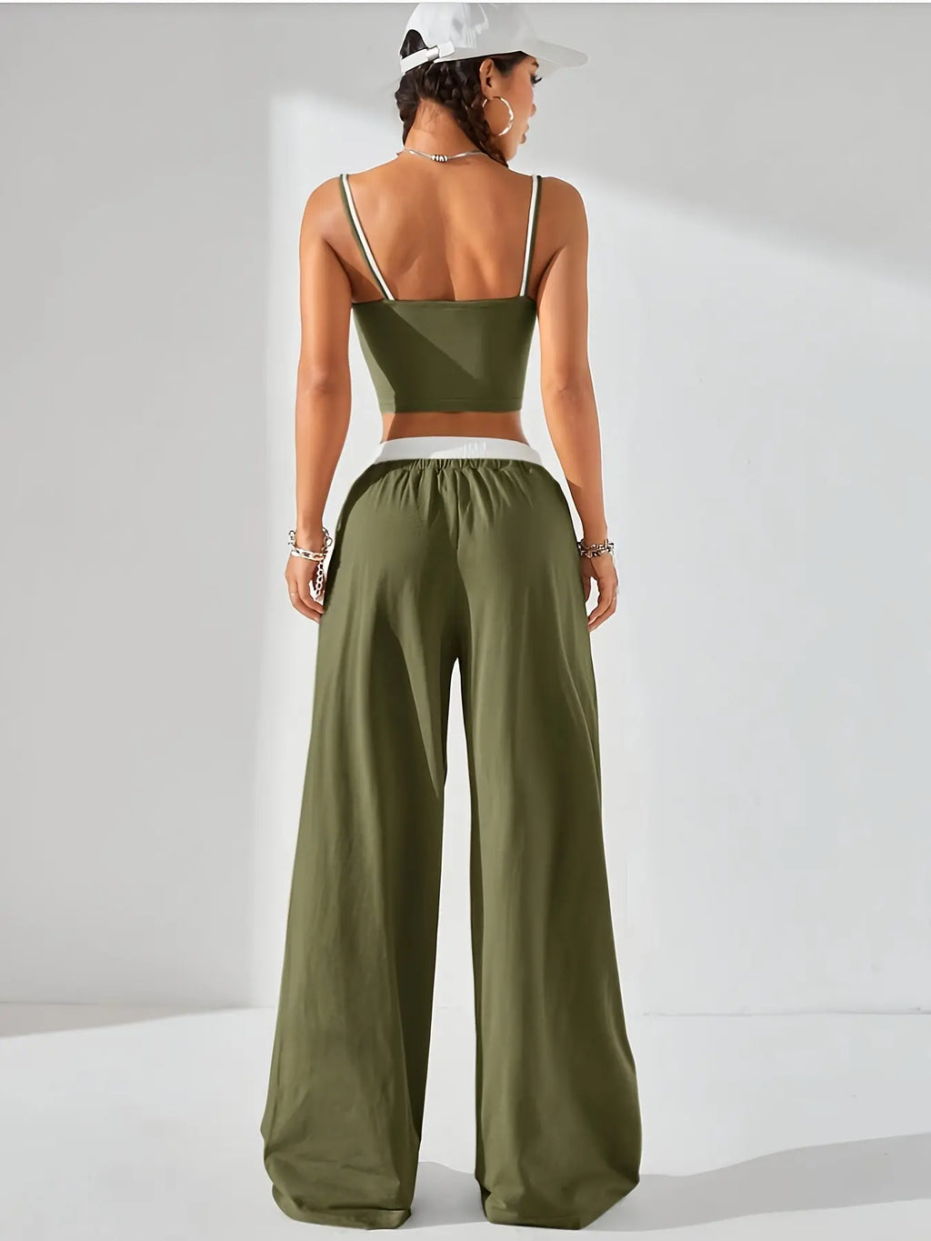 Women's Long Pants Suit Summer Sleeveless Crop Top and Trousers Casual Contrast Vest Set Elegant Two-Piece Outfit NNOS