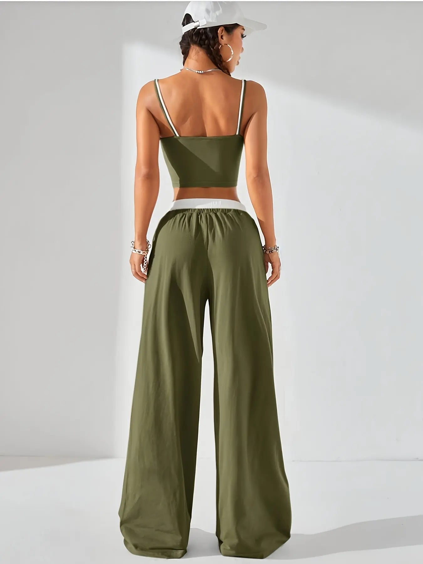 Women's Long Pants Suit Summer Sleeveless Crop Top and Trousers Casual Contrast Vest Set Elegant Two-Piece Outfit NNOS