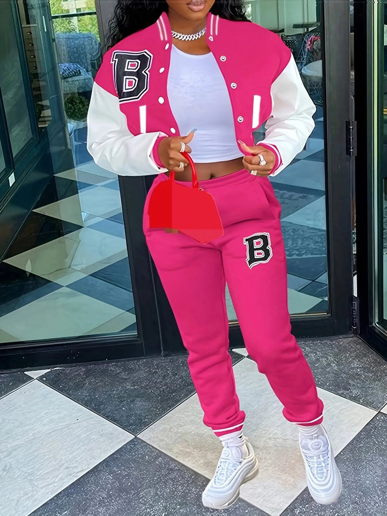 Chic, Women's Casual Letter Print Baseball Jacket and Pants Set - Red and White, Polyester Blend, Machine Washable, Fall/Winter Fashion Ensemble NNOS