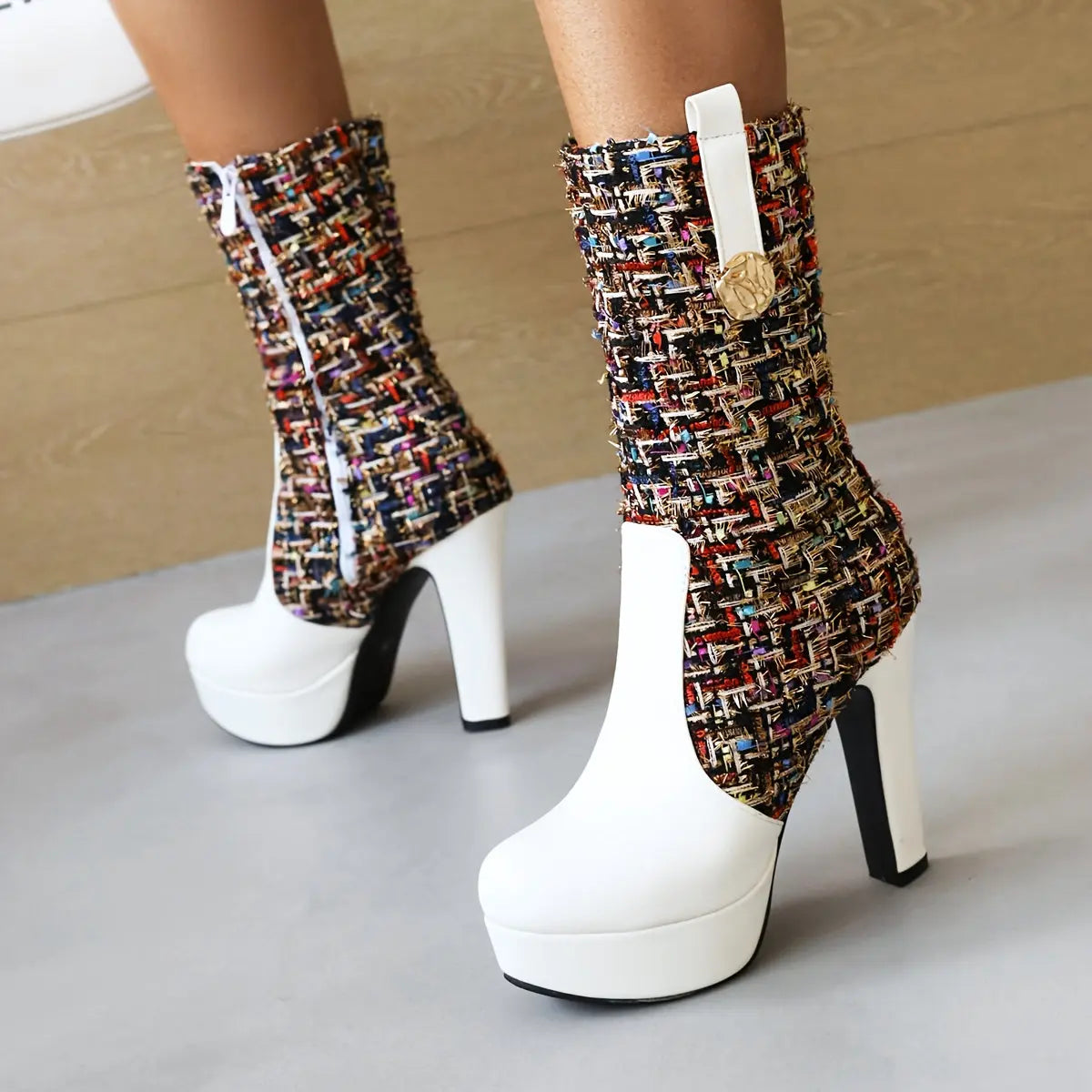 Boots Women's New Spring and Autumn Fashion Stitching Round Head Thick Heel High Heels Mid-Calf Riding Boots Long Boots Women NNOS