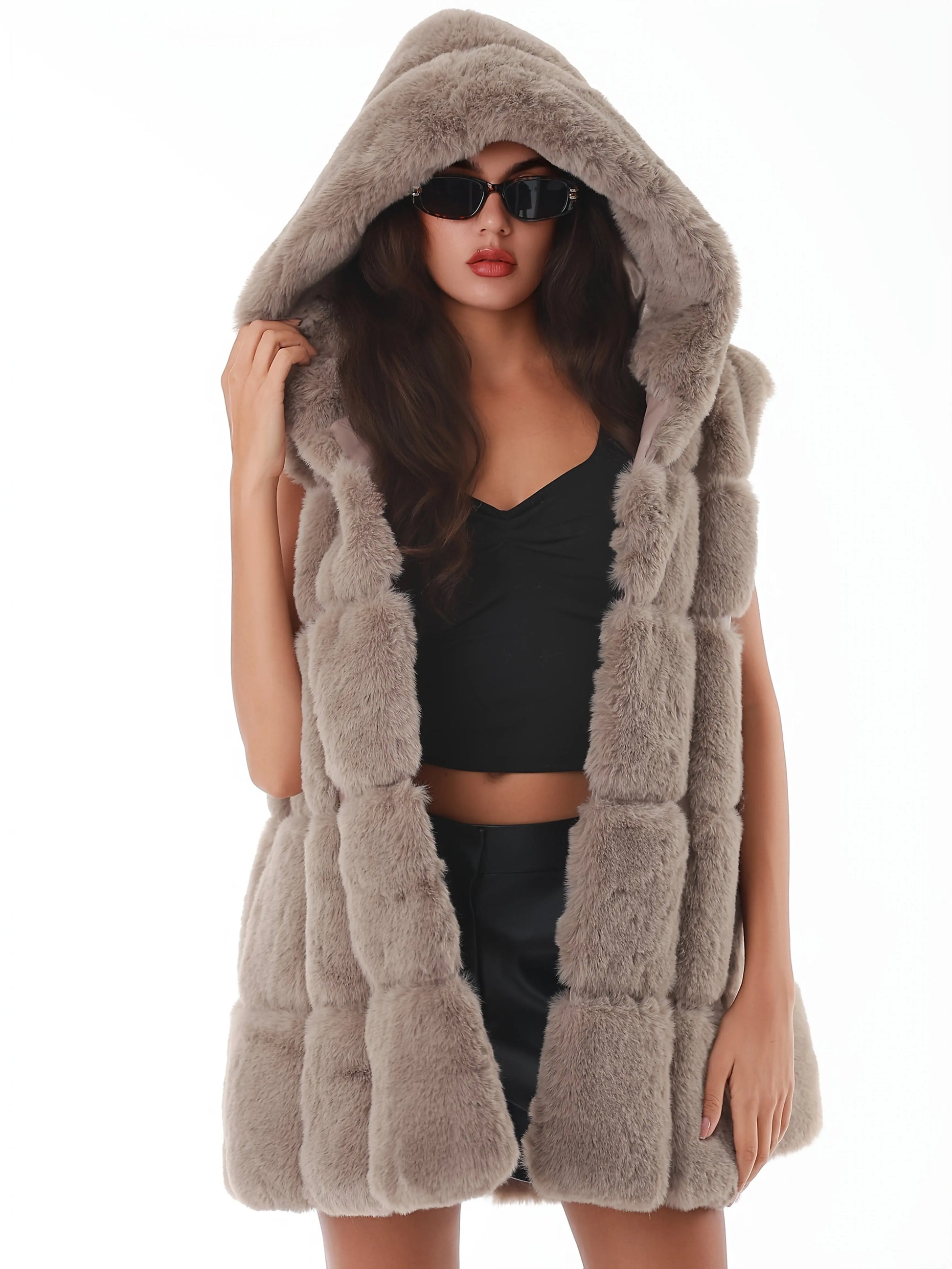 Women'S Faux Fur Hooded Jacket - Sleeveless Winter Coat with Pockets, Black, Casual Style, Warm Winter Outerwear, Winter Jacket NNOS