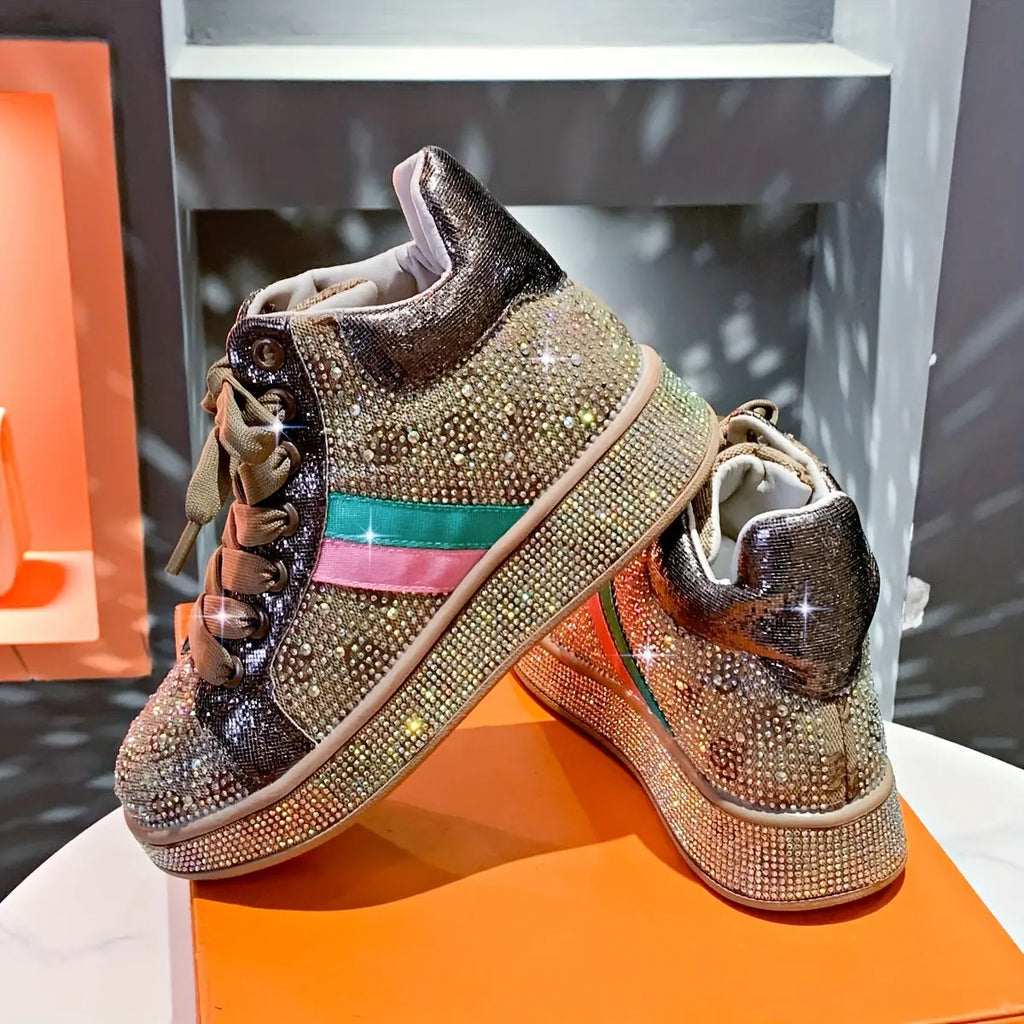 Women’s High-Top Rhinestone Sneakers – Sparkling Platform Lace-Up Casual Shoes NNOS