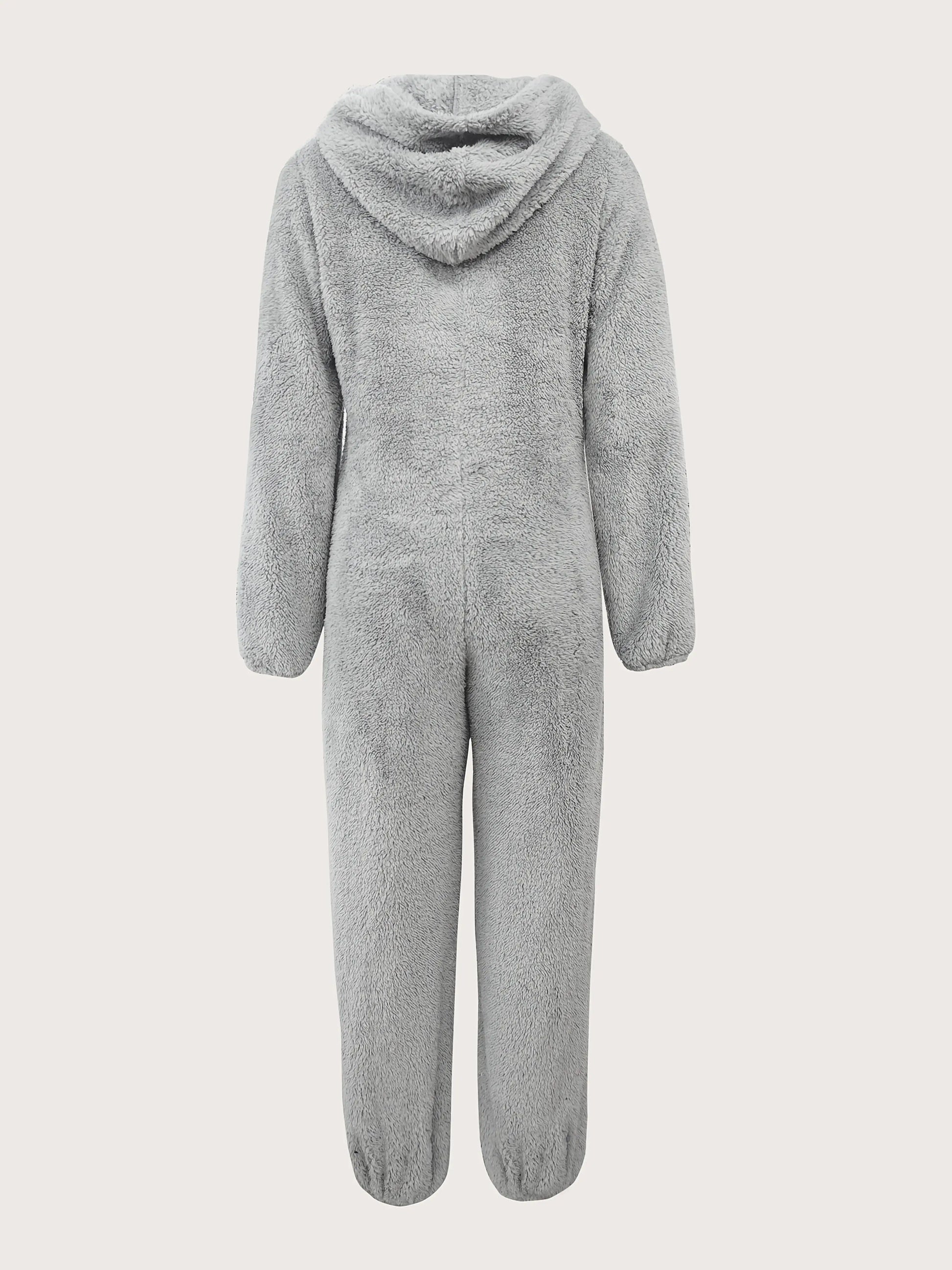 Solid Fuzzy Zip Up Hooded Jumpsuit, Casual Long Sleeve Warm Jumpsuit for Fall & Winter, Women's Clothing NNOS