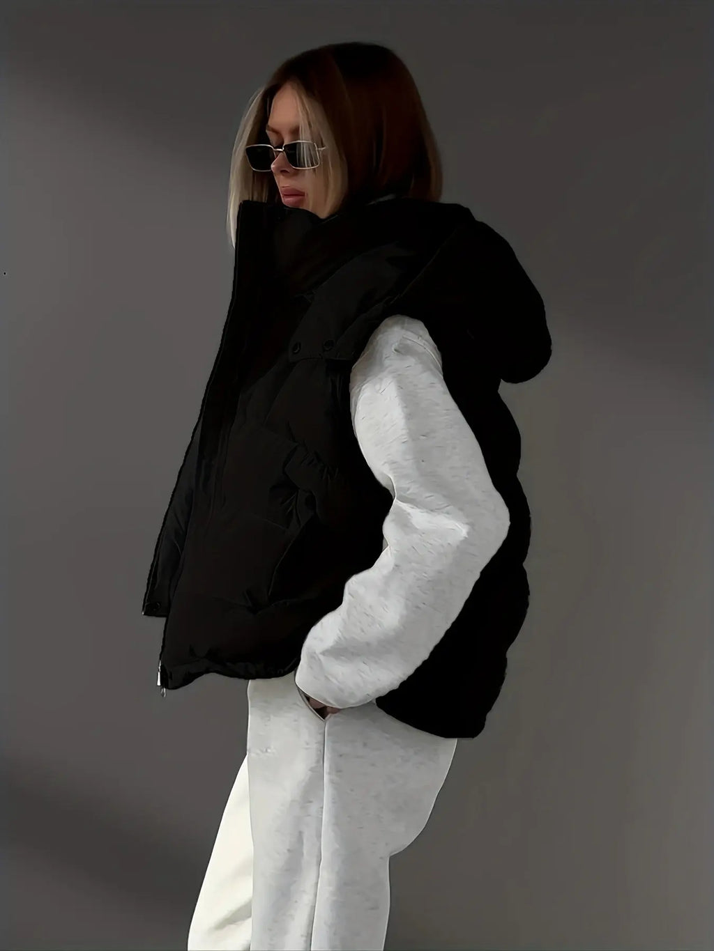 Women’s Sleeveless V-Neck Black Vest – Chic Zipper Front Layer for Any Outfit NNOS