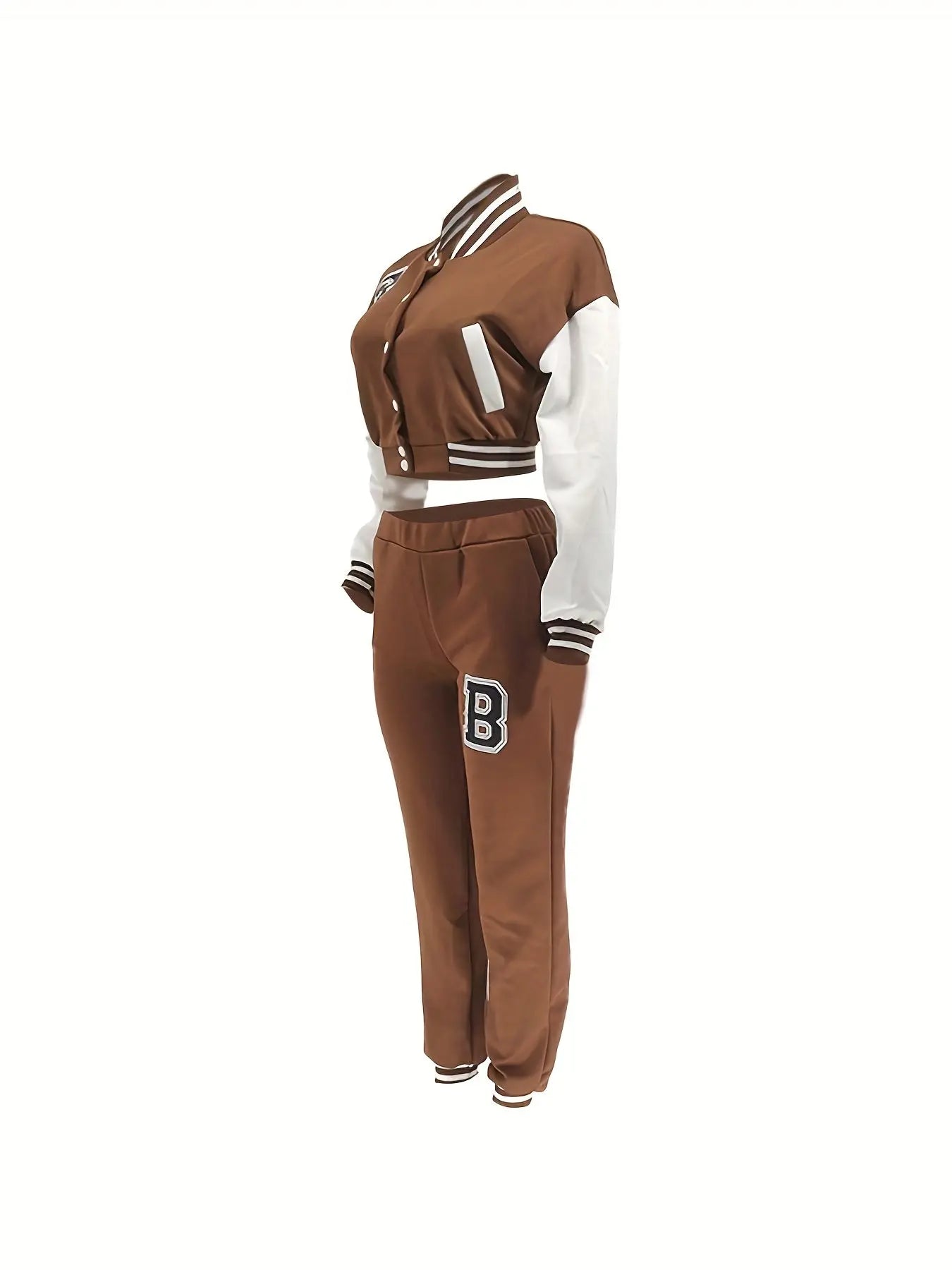 Chic, Women's Casual Letter Print Baseball Jacket and Pants Set - Red and White, Polyester Blend, Machine Washable, Fall/Winter Fashion Ensemble NNOS