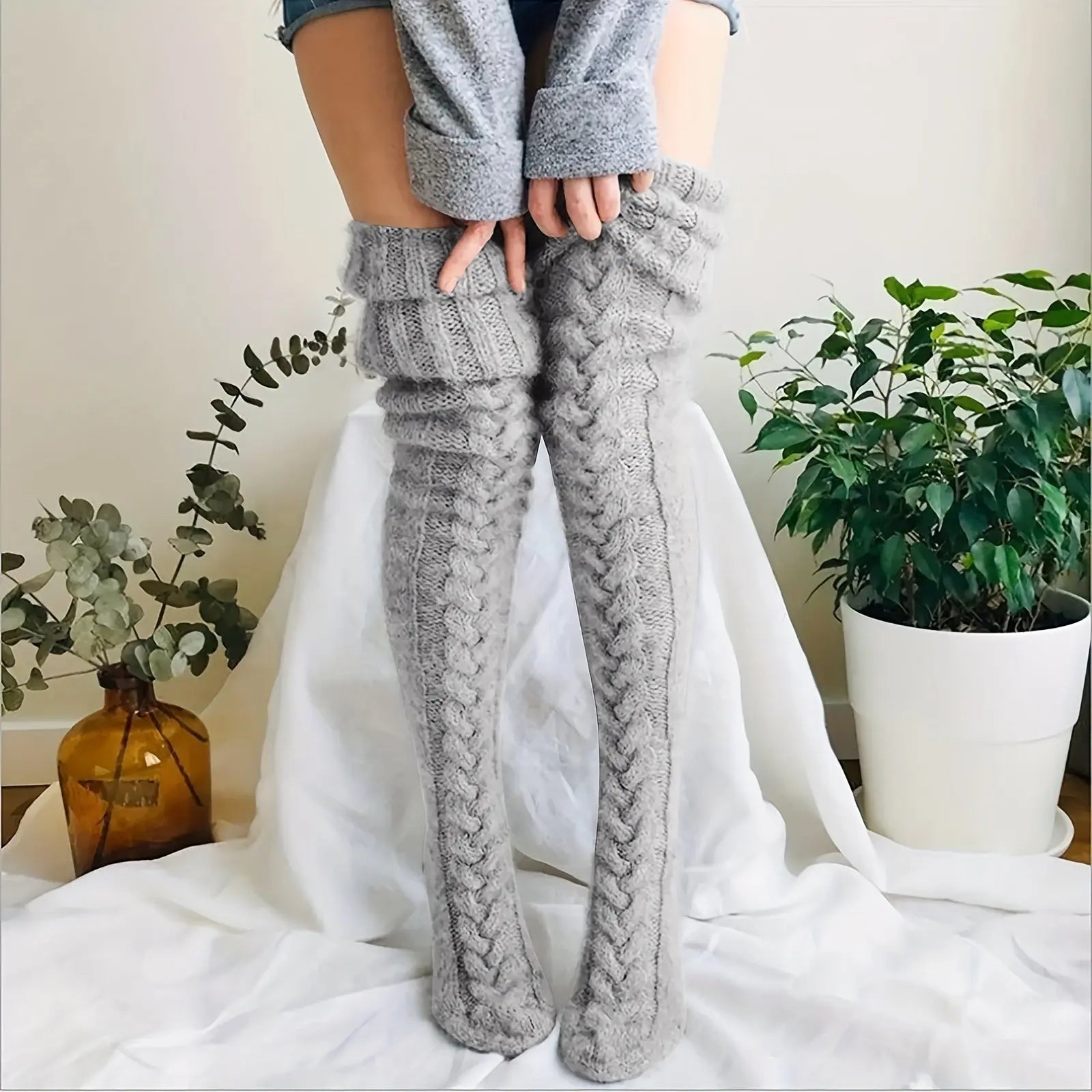 Cozy Knitted Thigh High Socks, Warm & Simple Over The Knee Socks, Women's Stockings & Hosiery NNOS