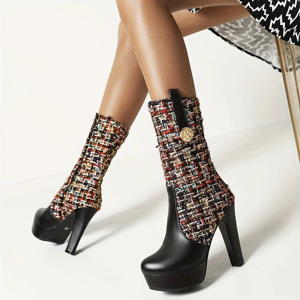 Boots Women's New Spring and Autumn Fashion Stitching Round Head Thick Heel High Heels Mid-Calf Riding Boots Long Boots Women NNOS