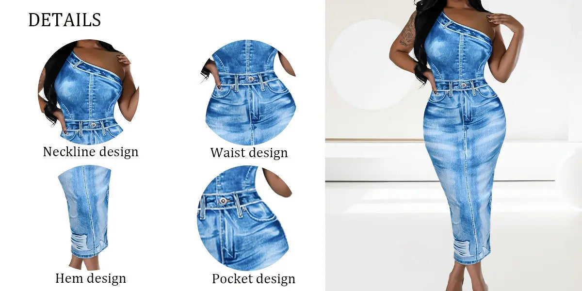 Women’s Off-Shoulder Denim Print Bodycon Dress – Slim Fit Casual to Evening NNOS