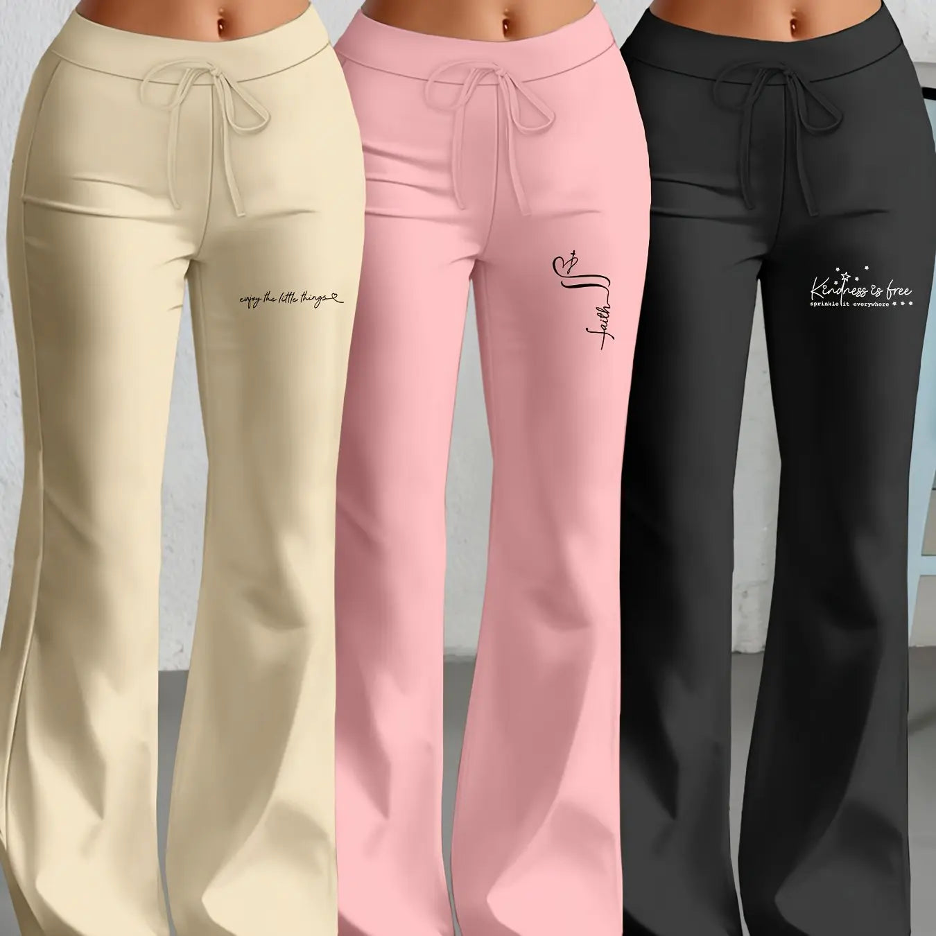 European and American Women's Straight-Leg Flare Pants Classic Personality English Text Print Long Pants 3pcs Set NNOS