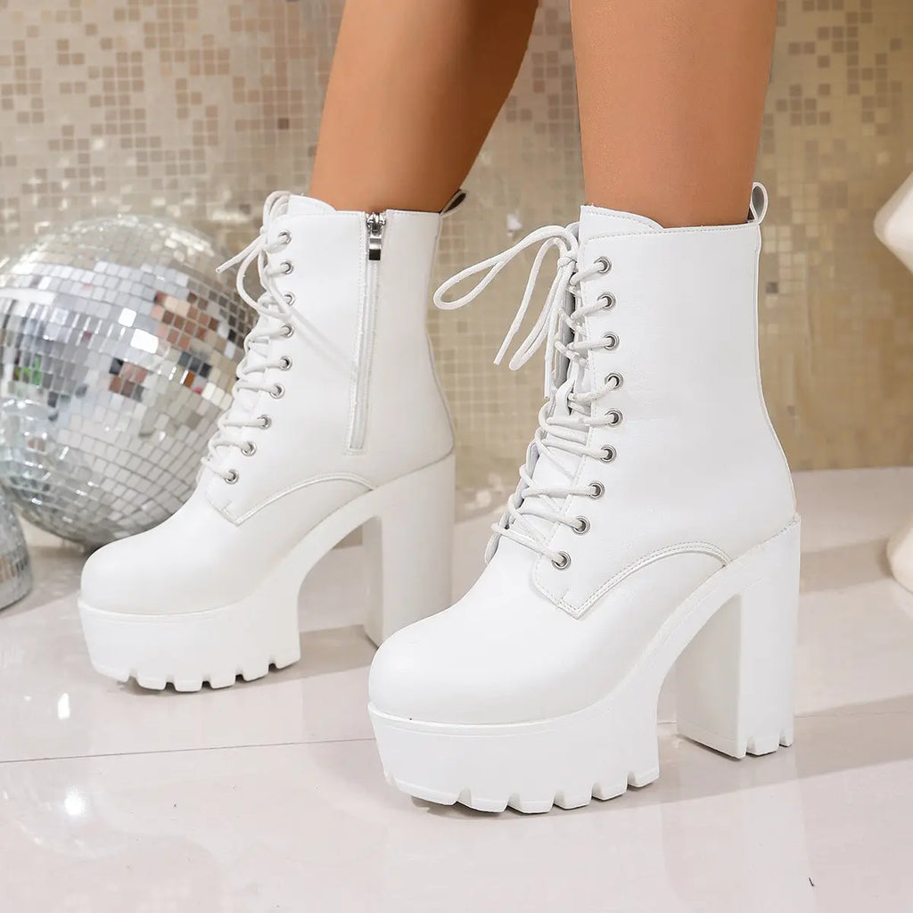 Women’s Chunky Platform Boots – Lace-Up Zip White Boots with Non-Slip Sole NNOS
