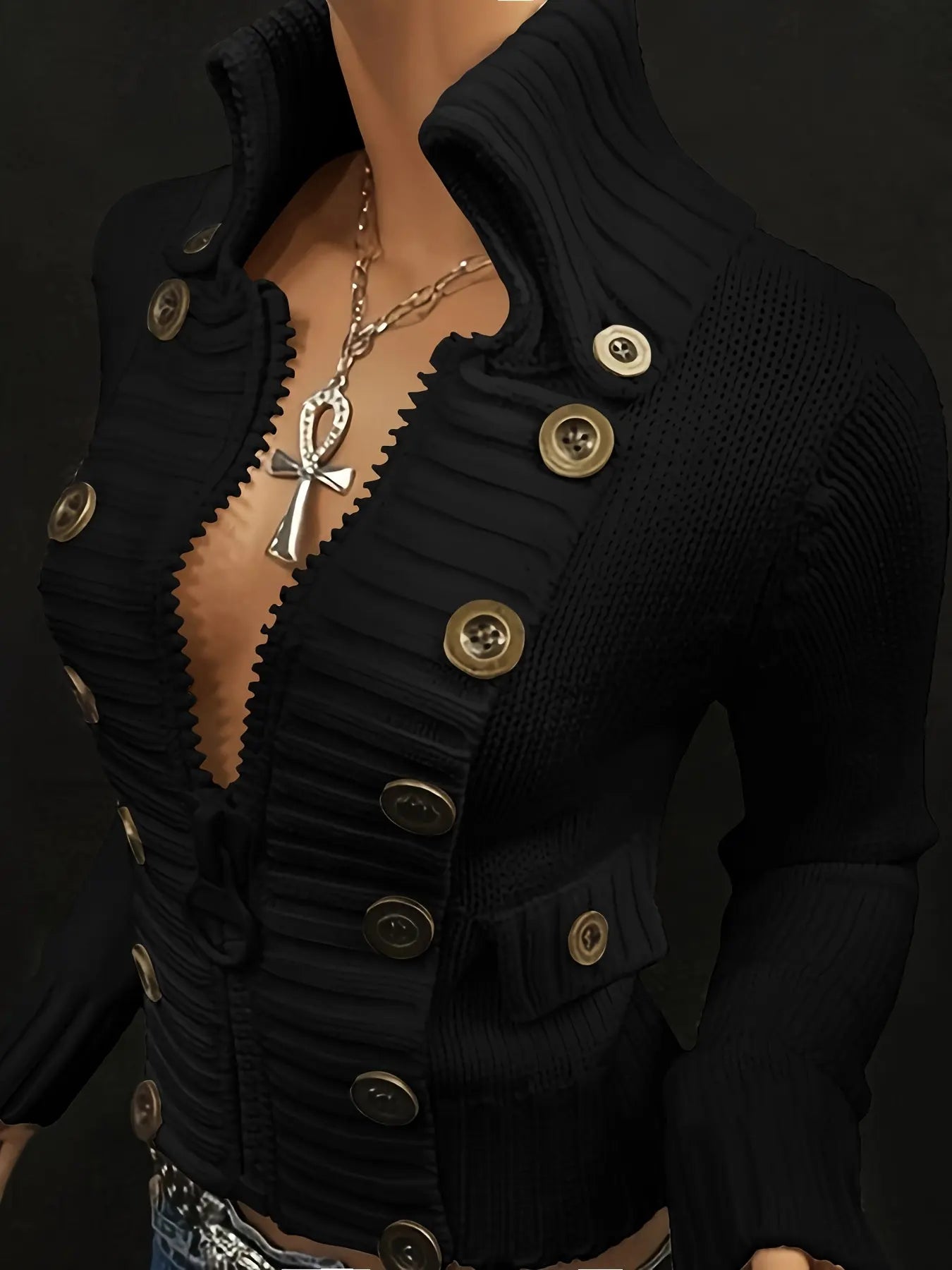 Multi-button decorated large zipper stand-up collar slim-fit cardigan NNOS
